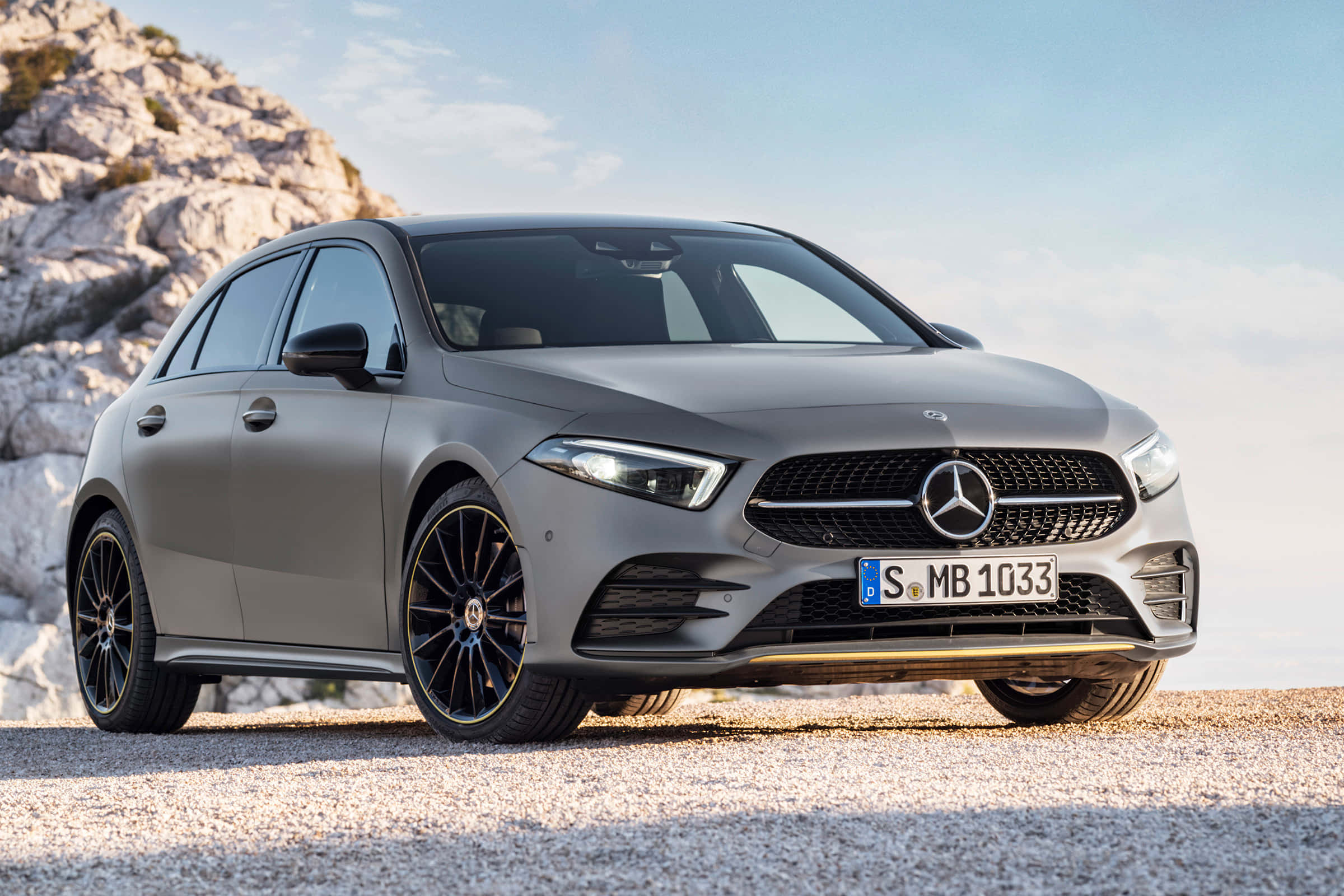 Mercedes-Benz A-Class, matte gray, gravel, Full HD Desktop Wallpaper