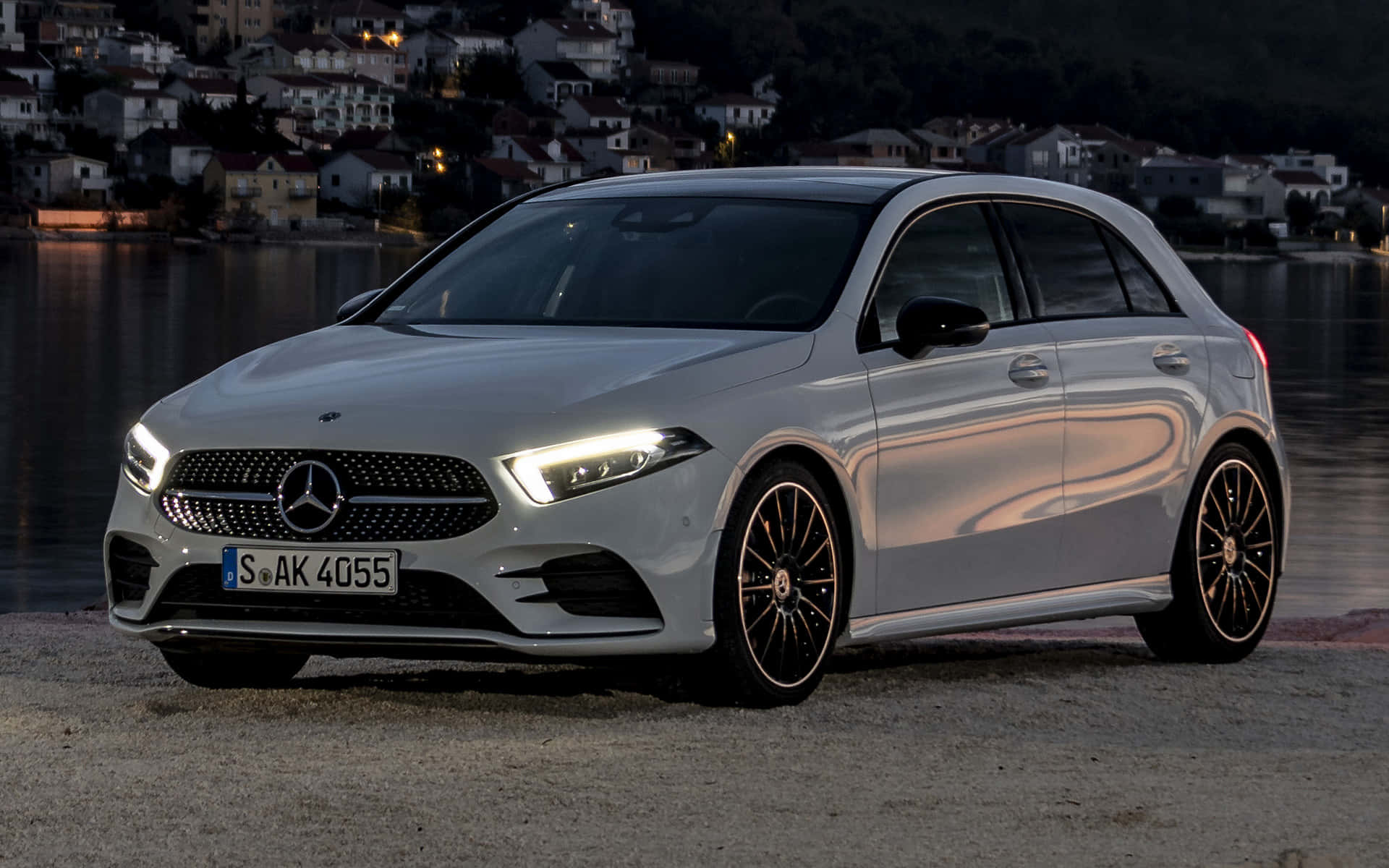 Mercedes-Benz A-Class, silver, waterfront, Full HD Desktop Wallpaper