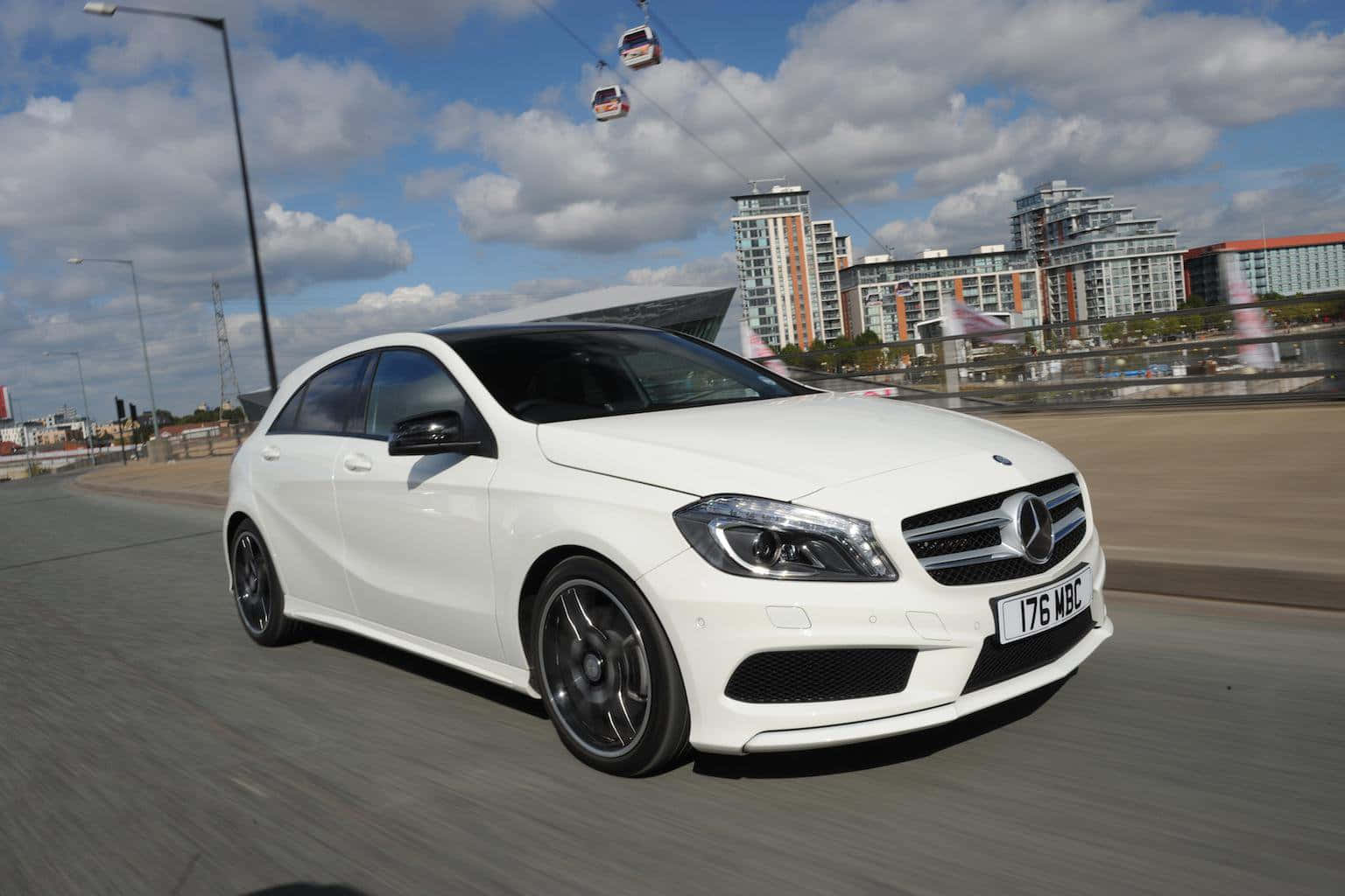 Mercedes-Benz A-Class, white, city road, HD Desktop Wallpaper