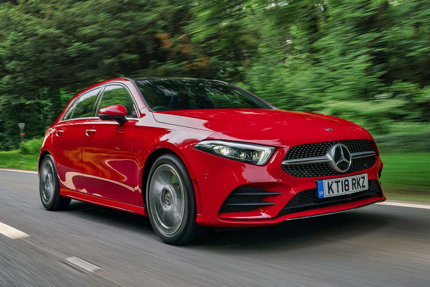 Mercedes-Benz A-Class, red, forest-lined road, HD Desktop Wallpaper