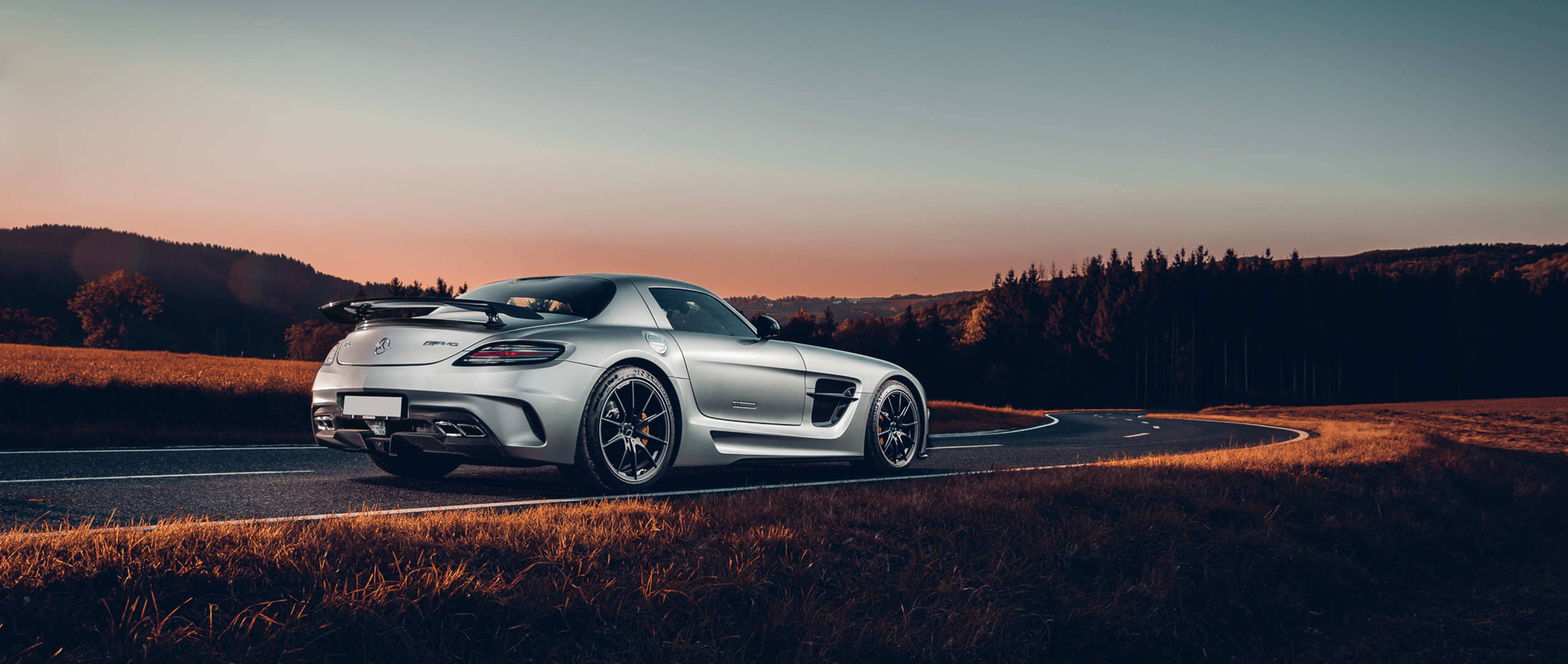 Mercedes Benz AMG, Gliding Down the Highway, silver sports car, 2K Desktop Wallpaper