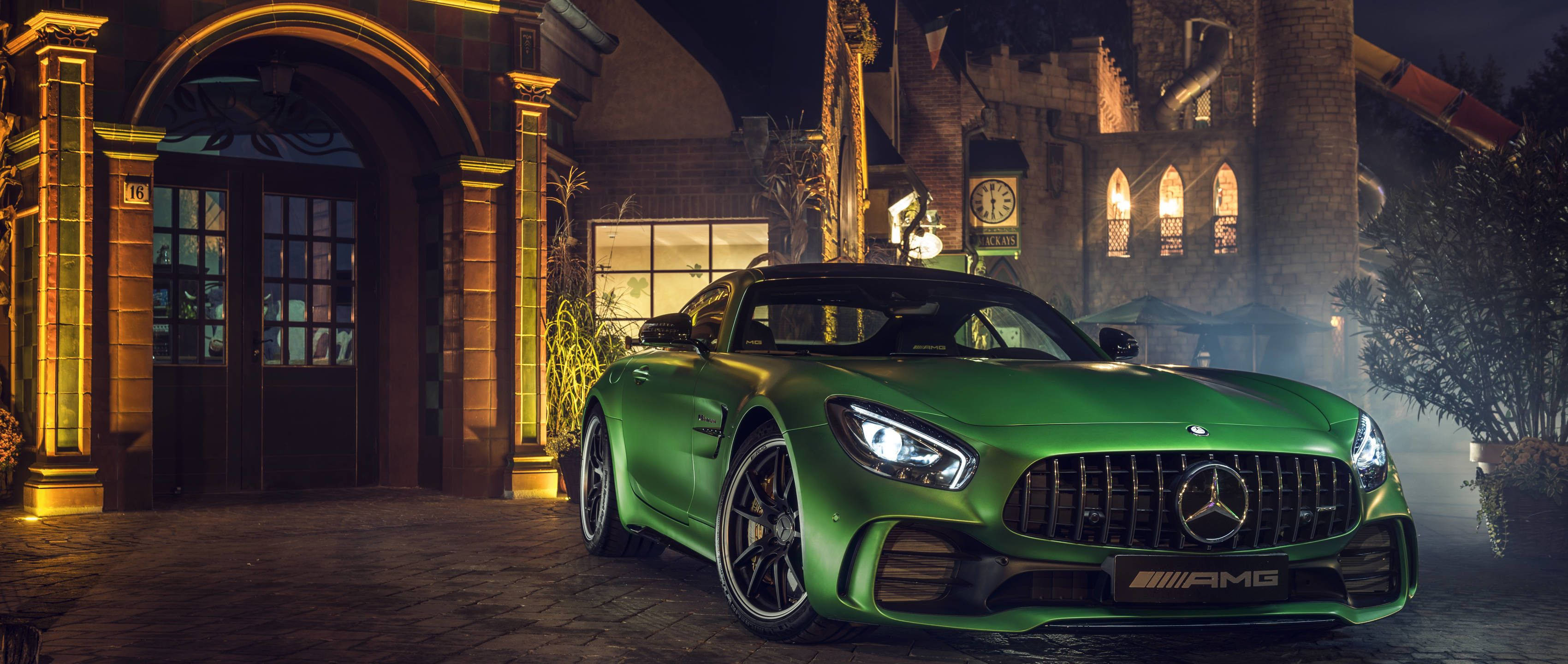 Mercedes Benz AMG, glossy green, sports car, 2K Desktop Wallpaper