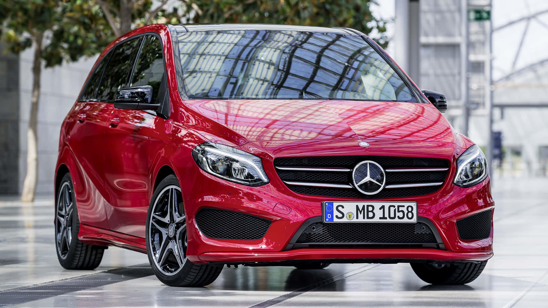 Mercedes-Benz B-Class, glossy red, tiled urban plaza, Full HD Desktop Wallpaper