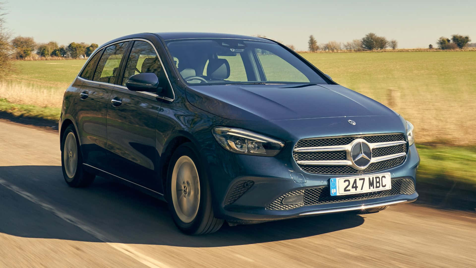 Mercedes Benz B-class, dark blue, sunlit country road, Full HD Desktop Wallpaper