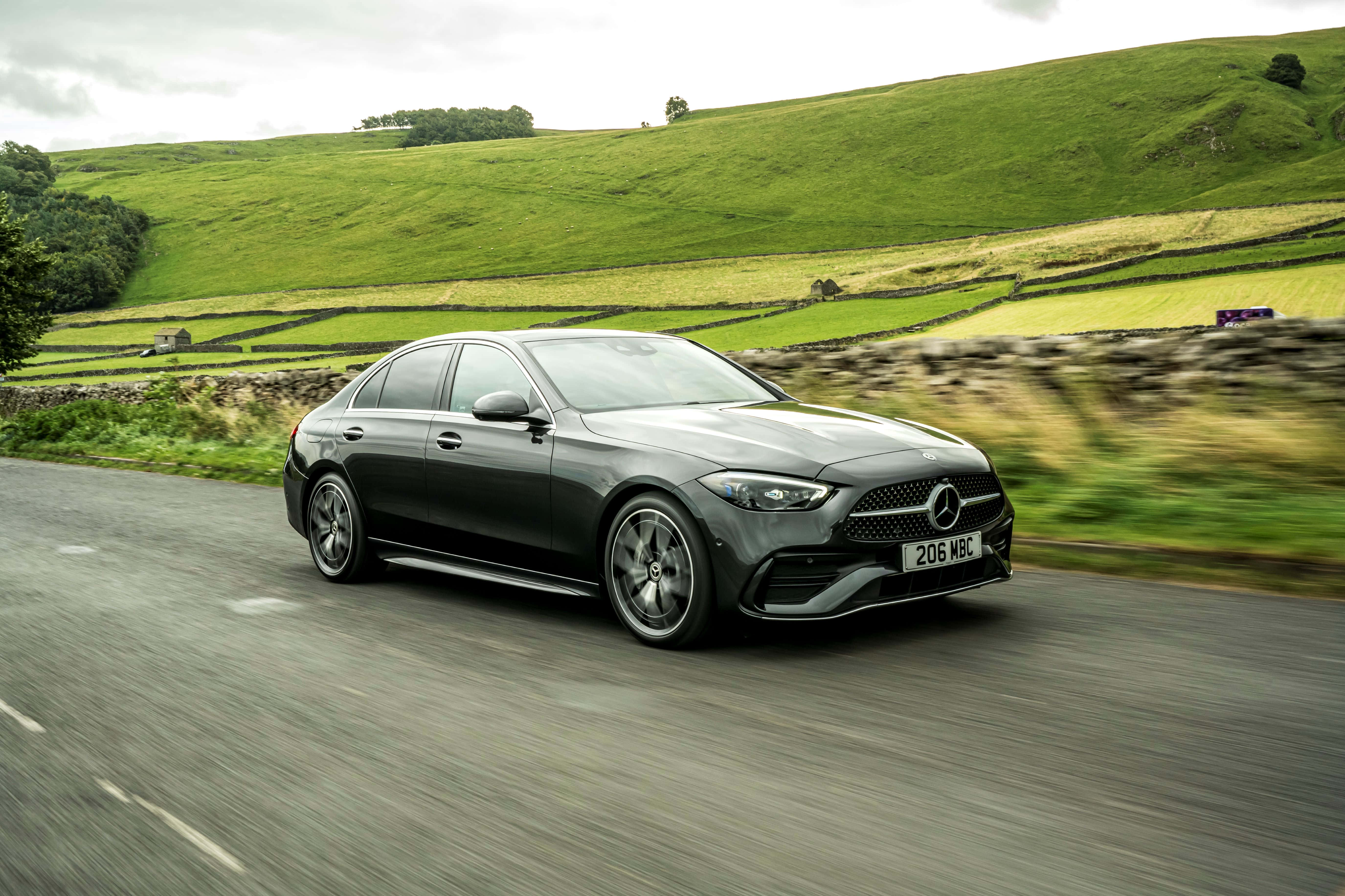 Mercedes Benz C-class, dark gray, winding rural road, 5K Desktop Wallpaper