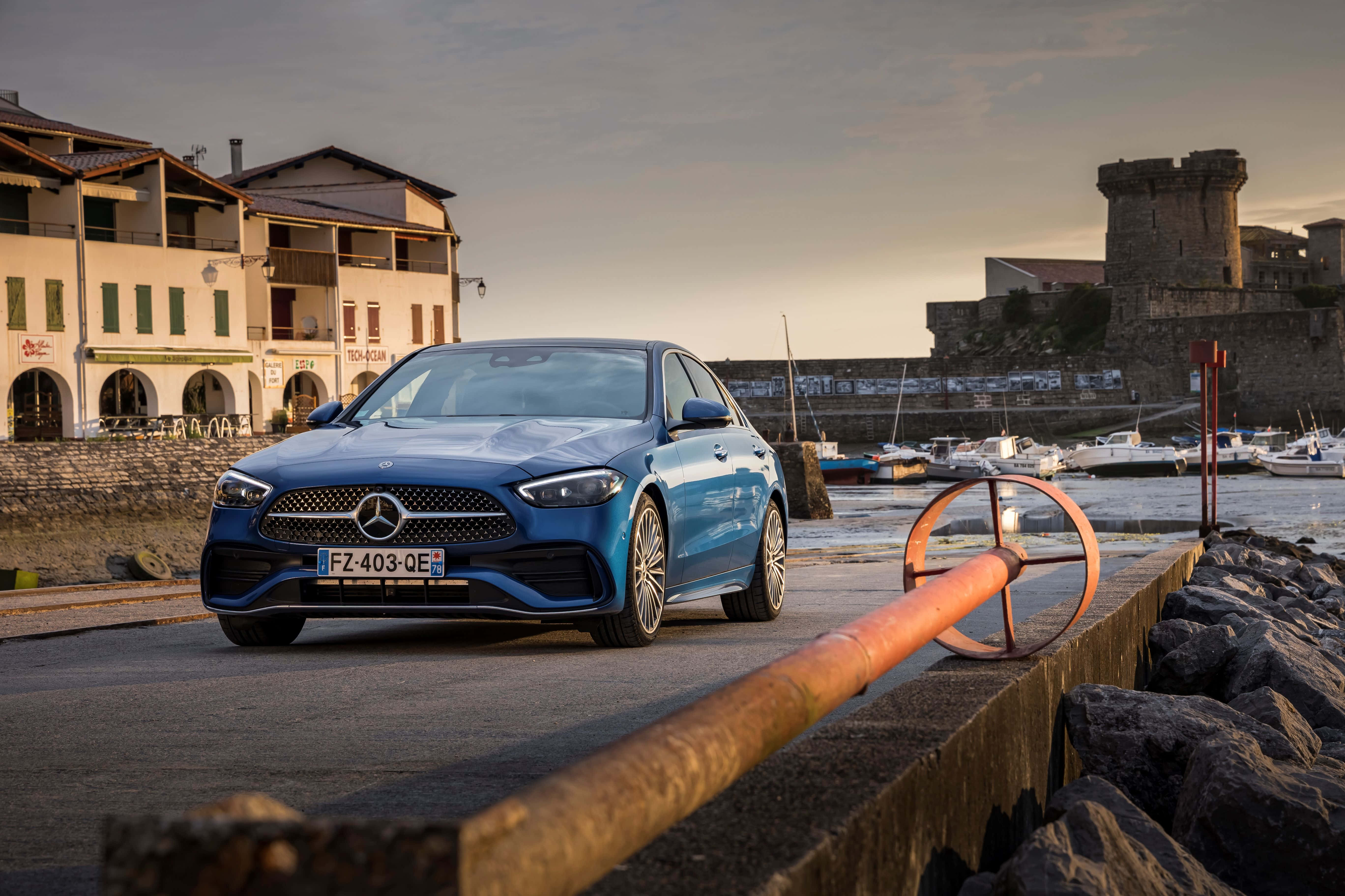 Mercedes Benz C-class, harbor, golden hour, 5K Desktop Wallpaper