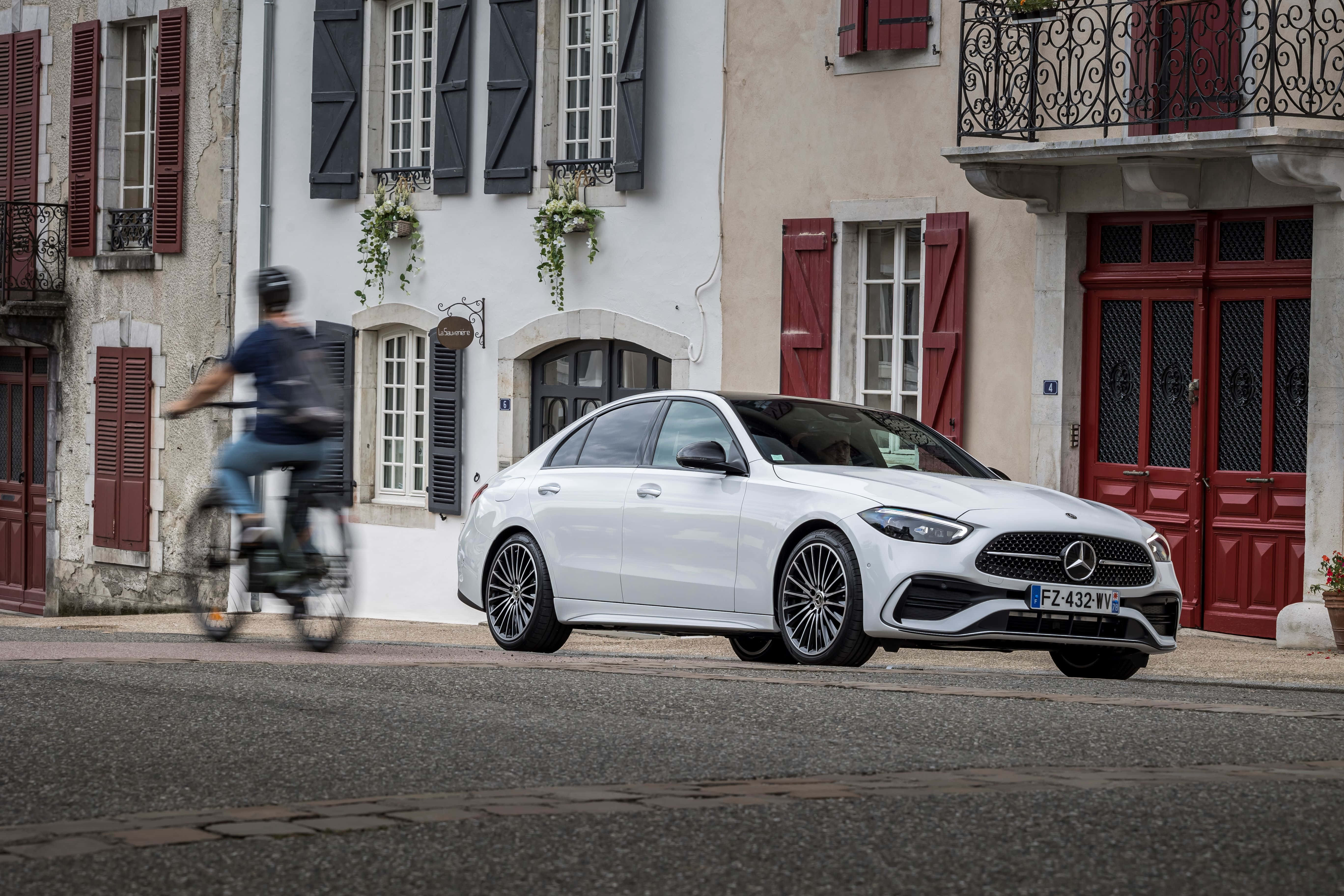 Mercedes Benz C-class, white, cobblestone street, 5K Desktop Wallpaper