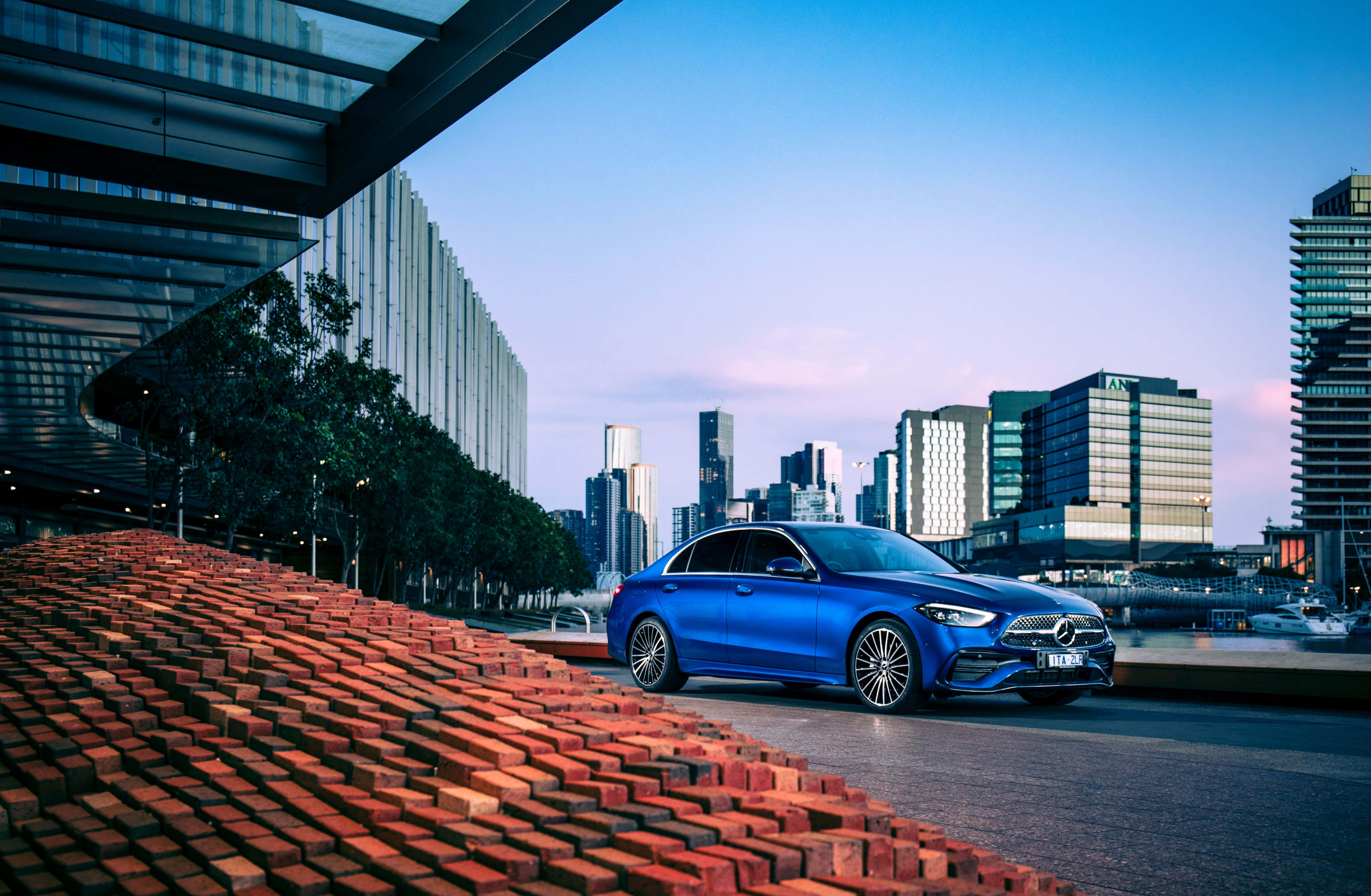 Mercedes Benz C-class, blue, cityscape, 5K Desktop Wallpaper