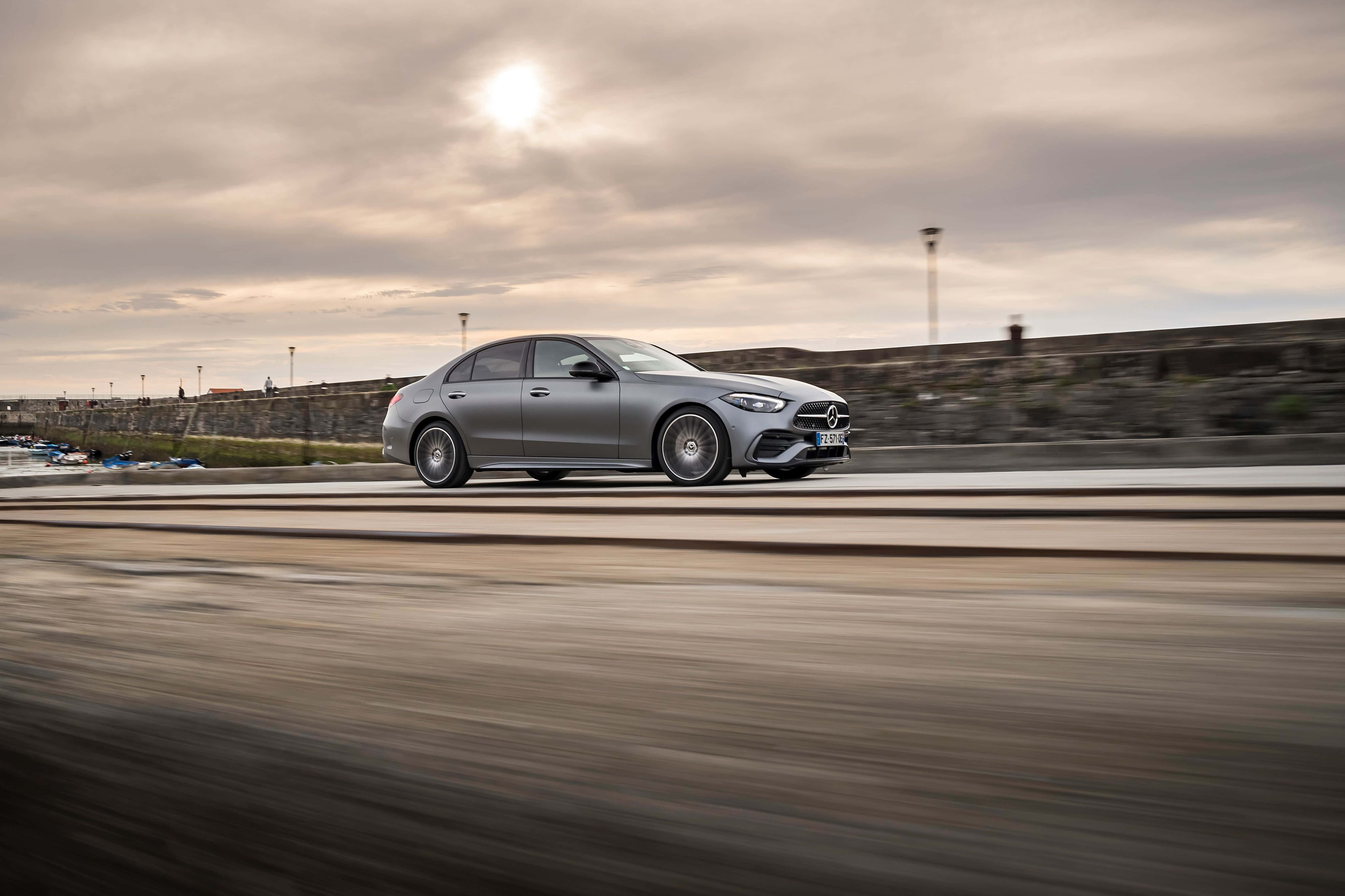 Mercedes Benz C-class, silver, coastal road, 5K Desktop Wallpaper