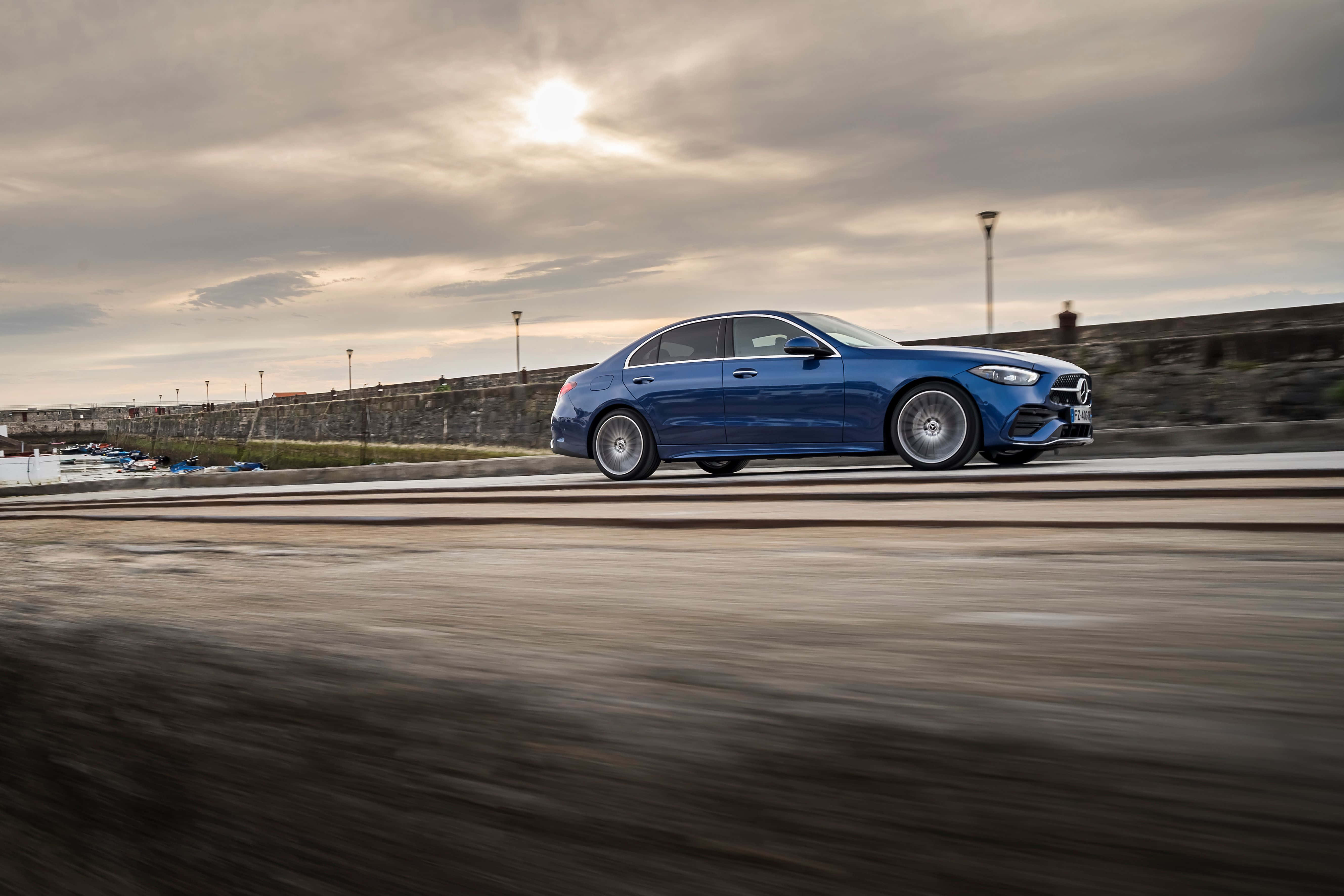Mercedes Benz C-class, blue, speeding, 5K Desktop Wallpaper