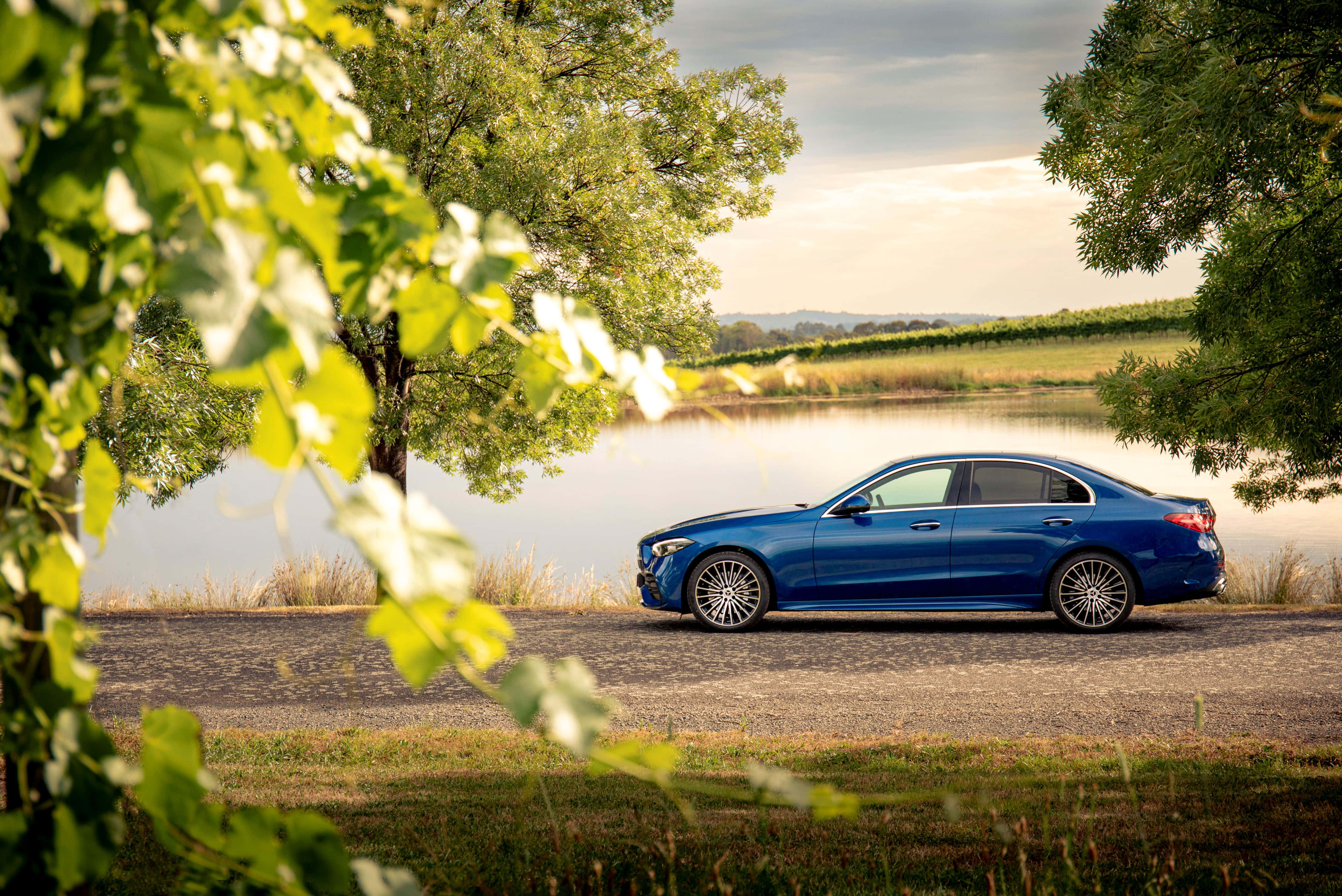 Mercedes Benz C-class, blue, lakeside park, 4K Desktop Wallpaper