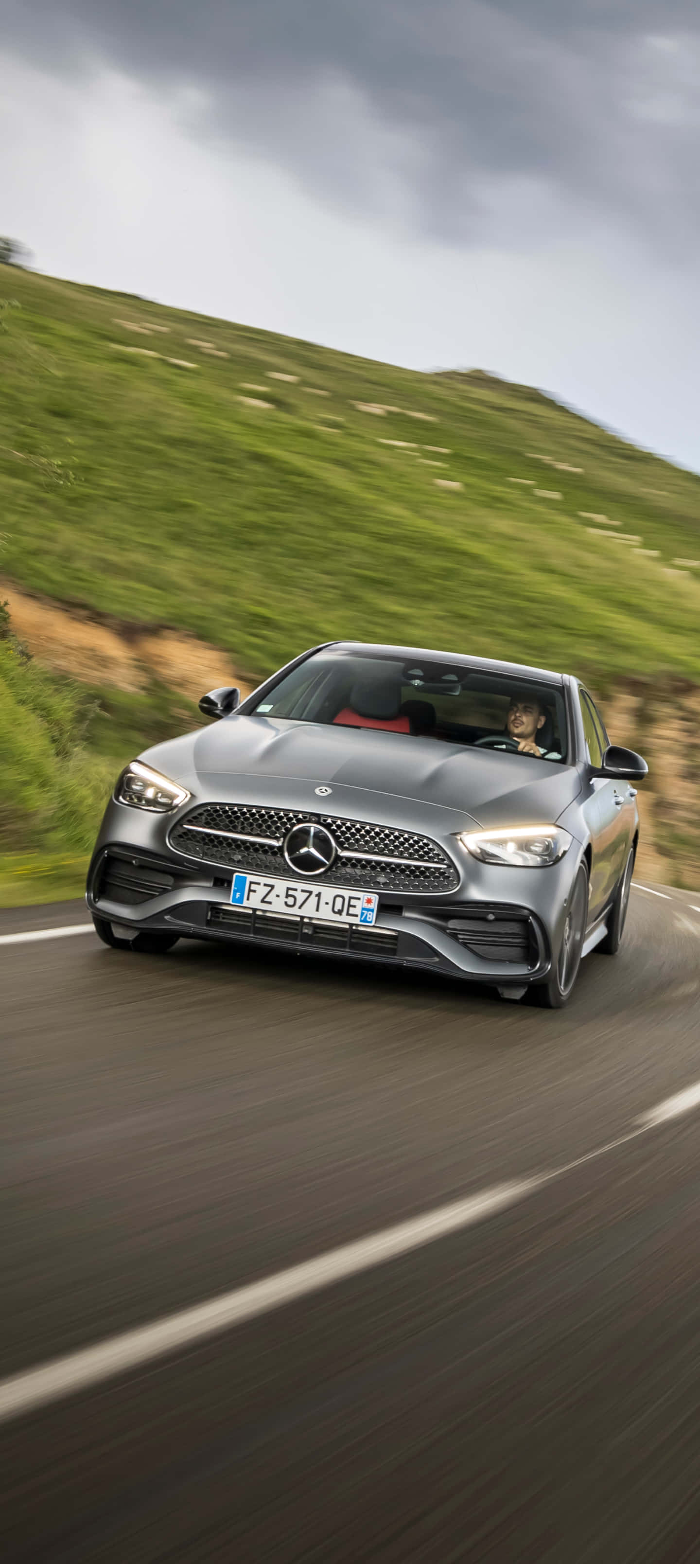 Mercedes Benz C-class, silver, winding road, 2K Phone Wallpaper