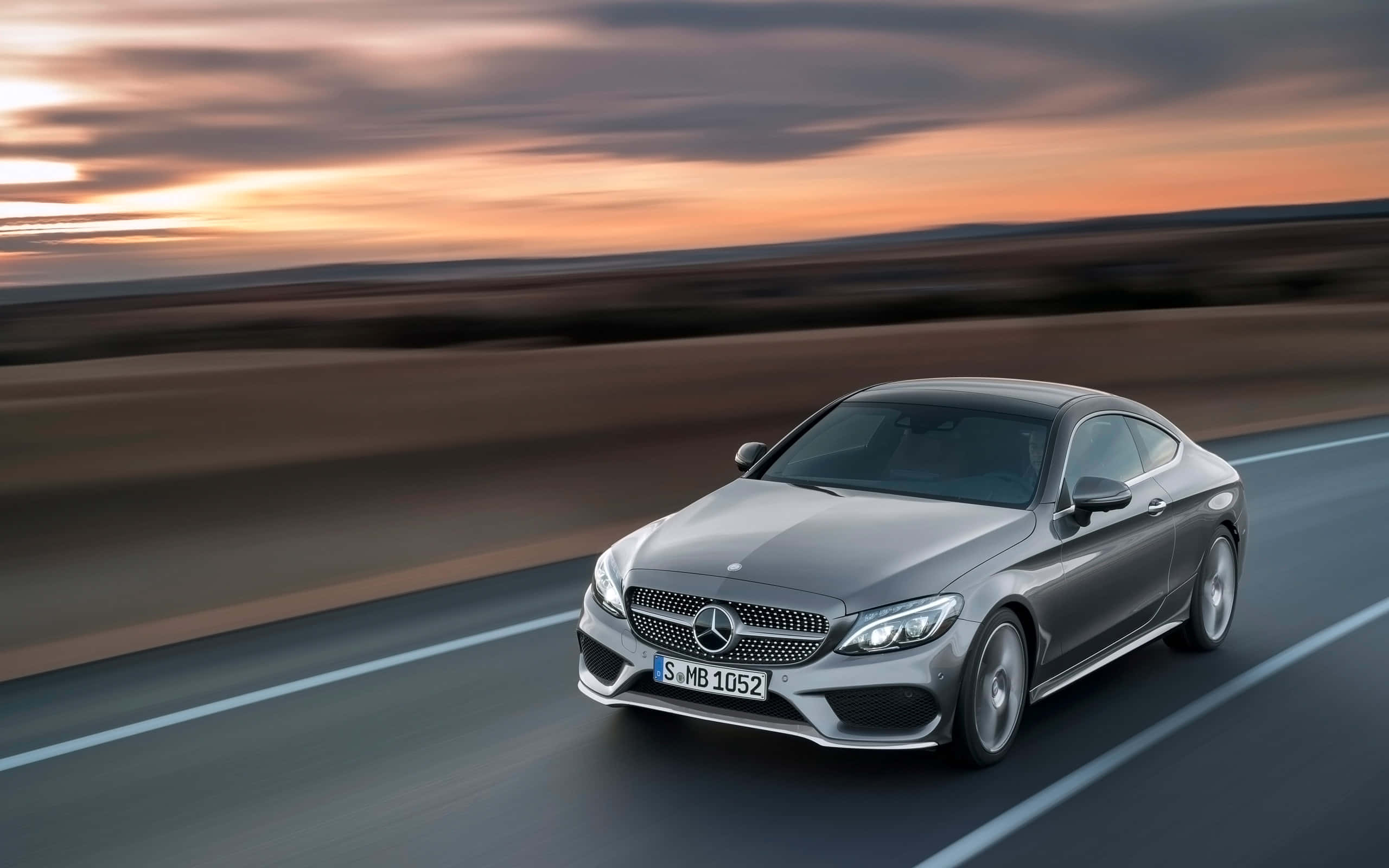 Mercedes Benz C-class, sleek silver, highway, 2K Desktop Wallpaper