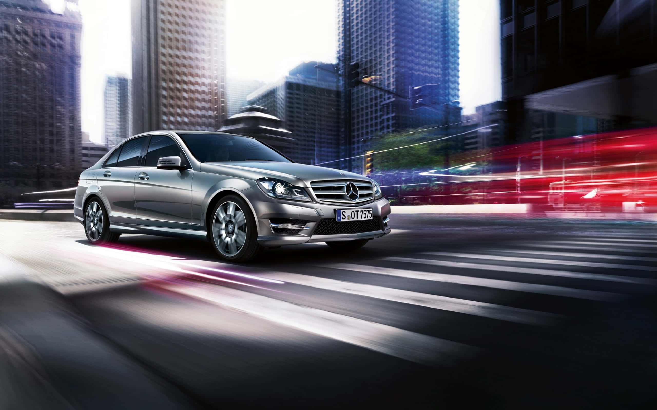 Mercedes Benz C-class, urban speed, silver, 2K Desktop Wallpaper