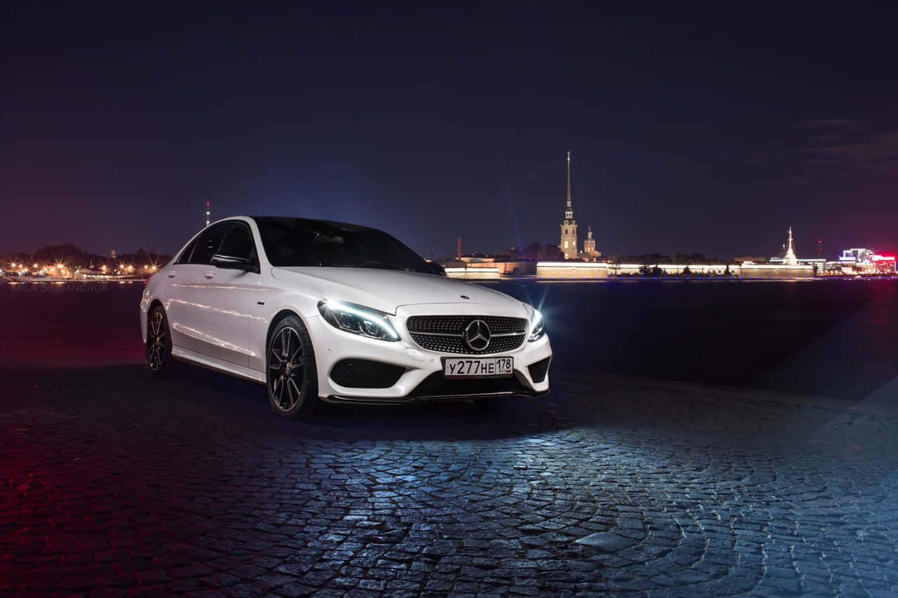 Mercedes Benz C-class, white, night lights, HD Desktop Wallpaper