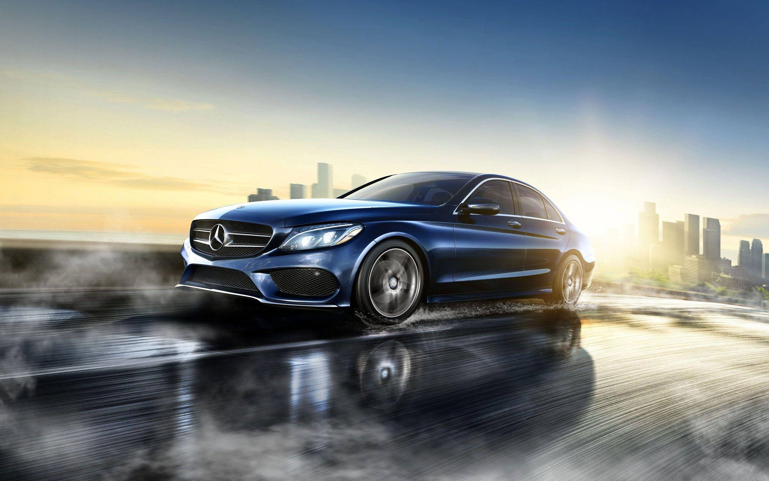 Mercedes Benz C300, metallic blue, wet city road, 2K Desktop Wallpaper