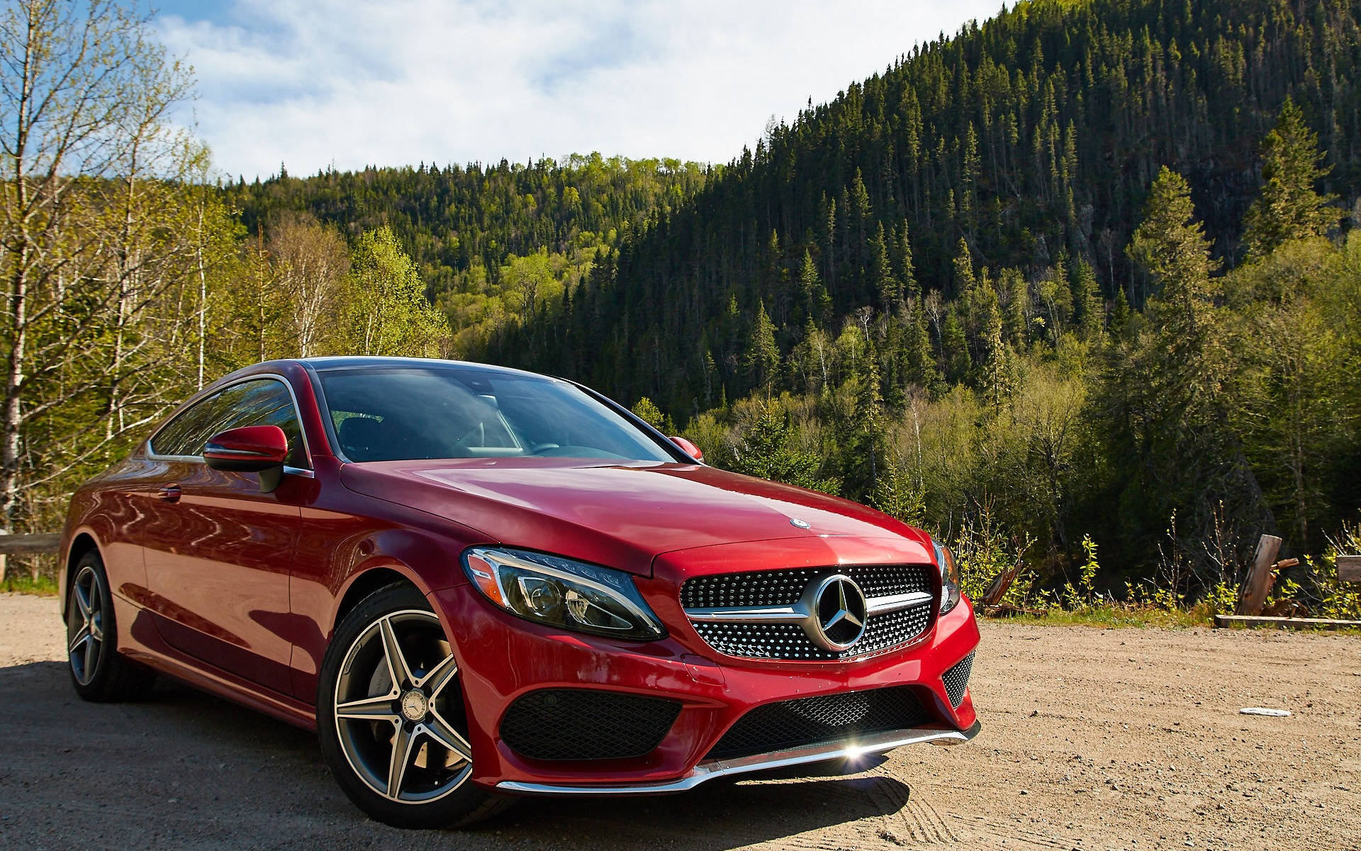 Mercedes Benz C300, glossy red, dirt road, Full HD Desktop Wallpaper
