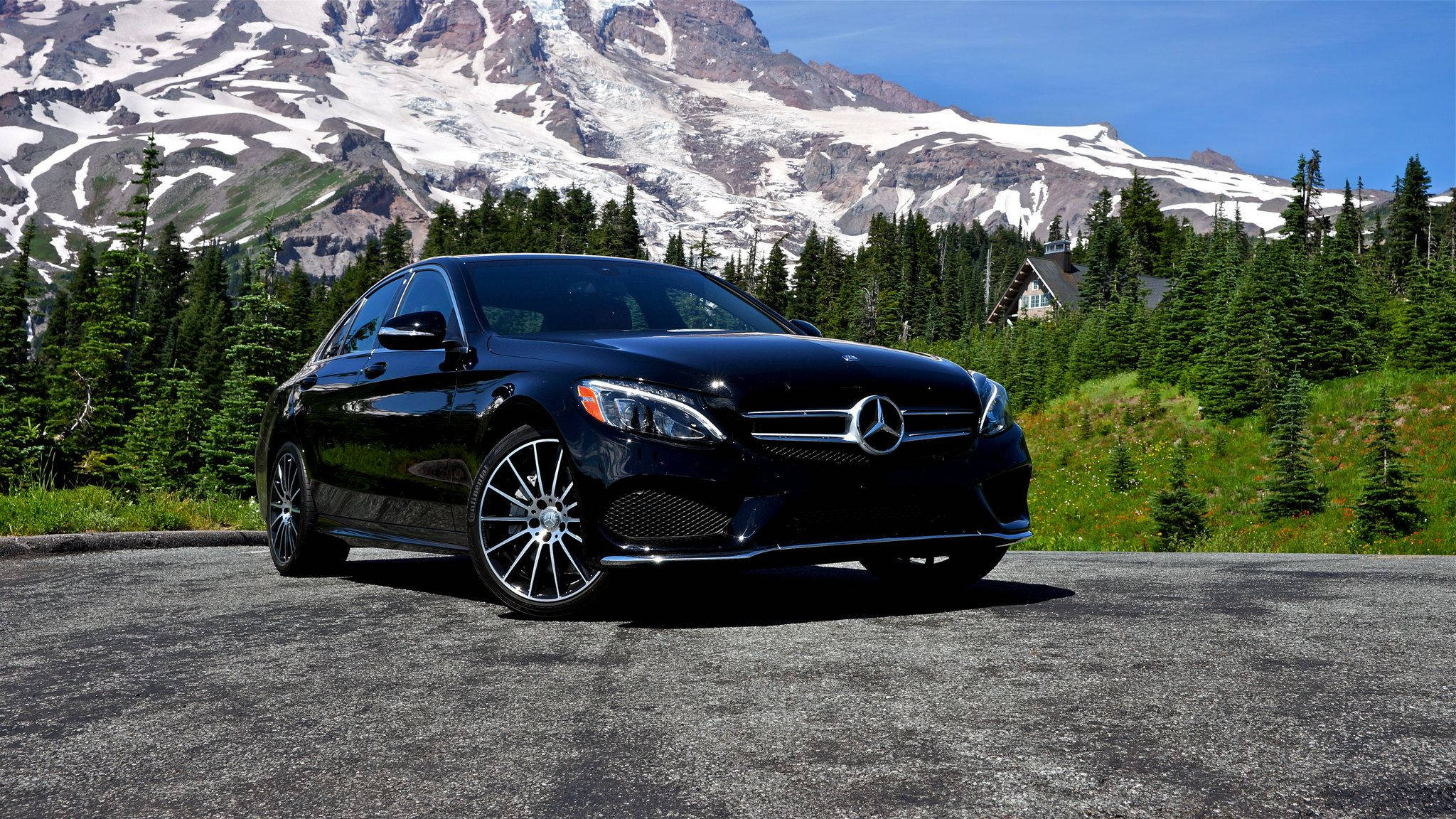 Mercedes Benz C300, snow-capped mountains, evergreen trees, Full HD Desktop Wallpaper