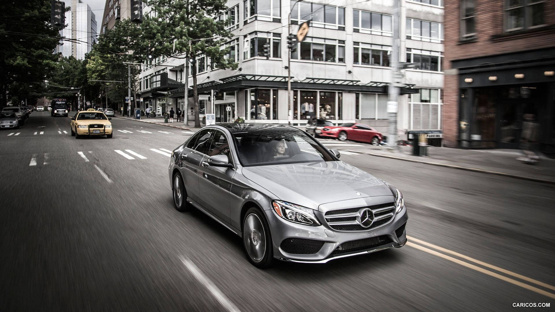 Mercedes Benz C300, sleek silver, bustling city street, Full HD Desktop Wallpaper