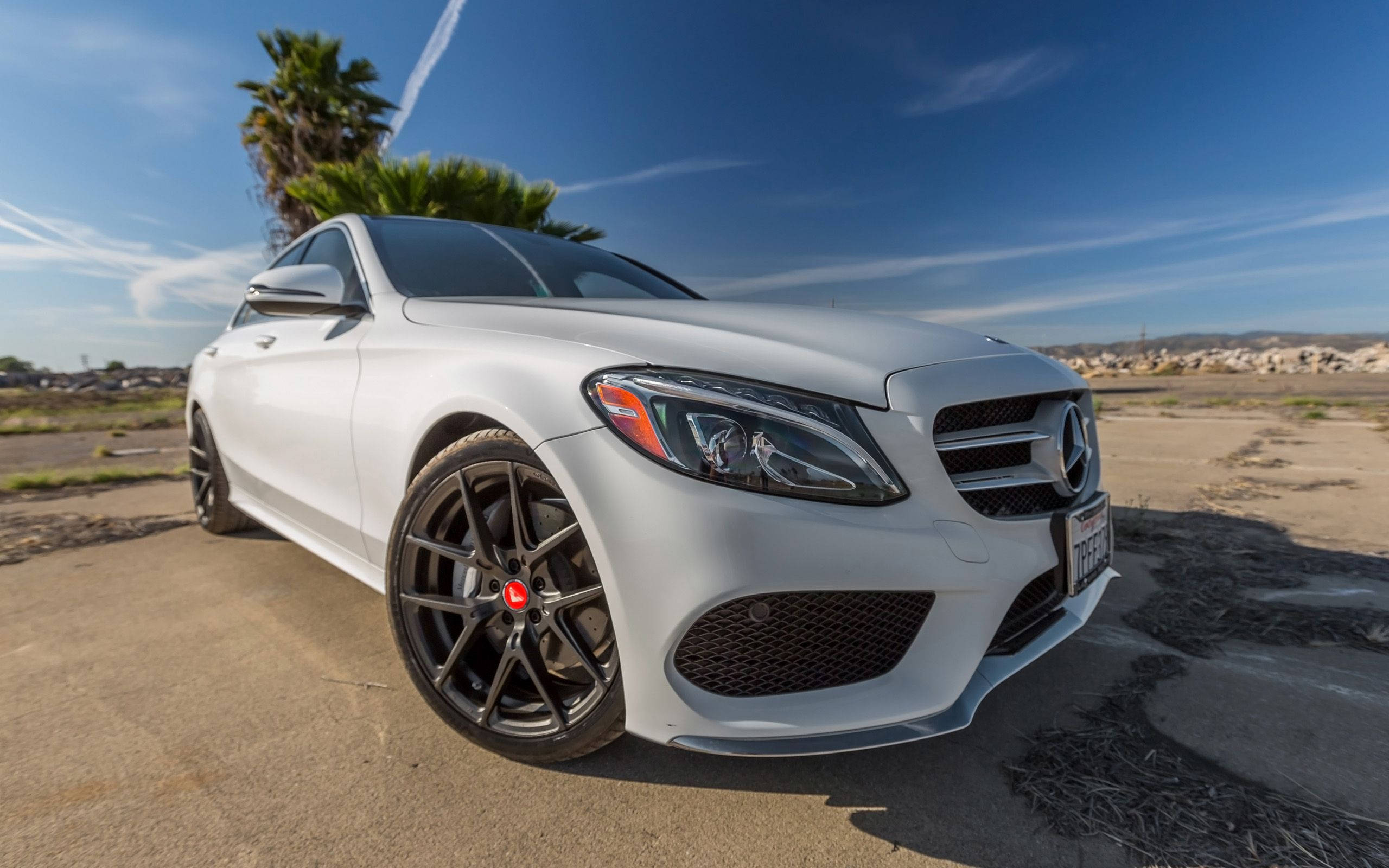 Mercedes Benz C300, white, black rims, 2K Desktop Wallpaper