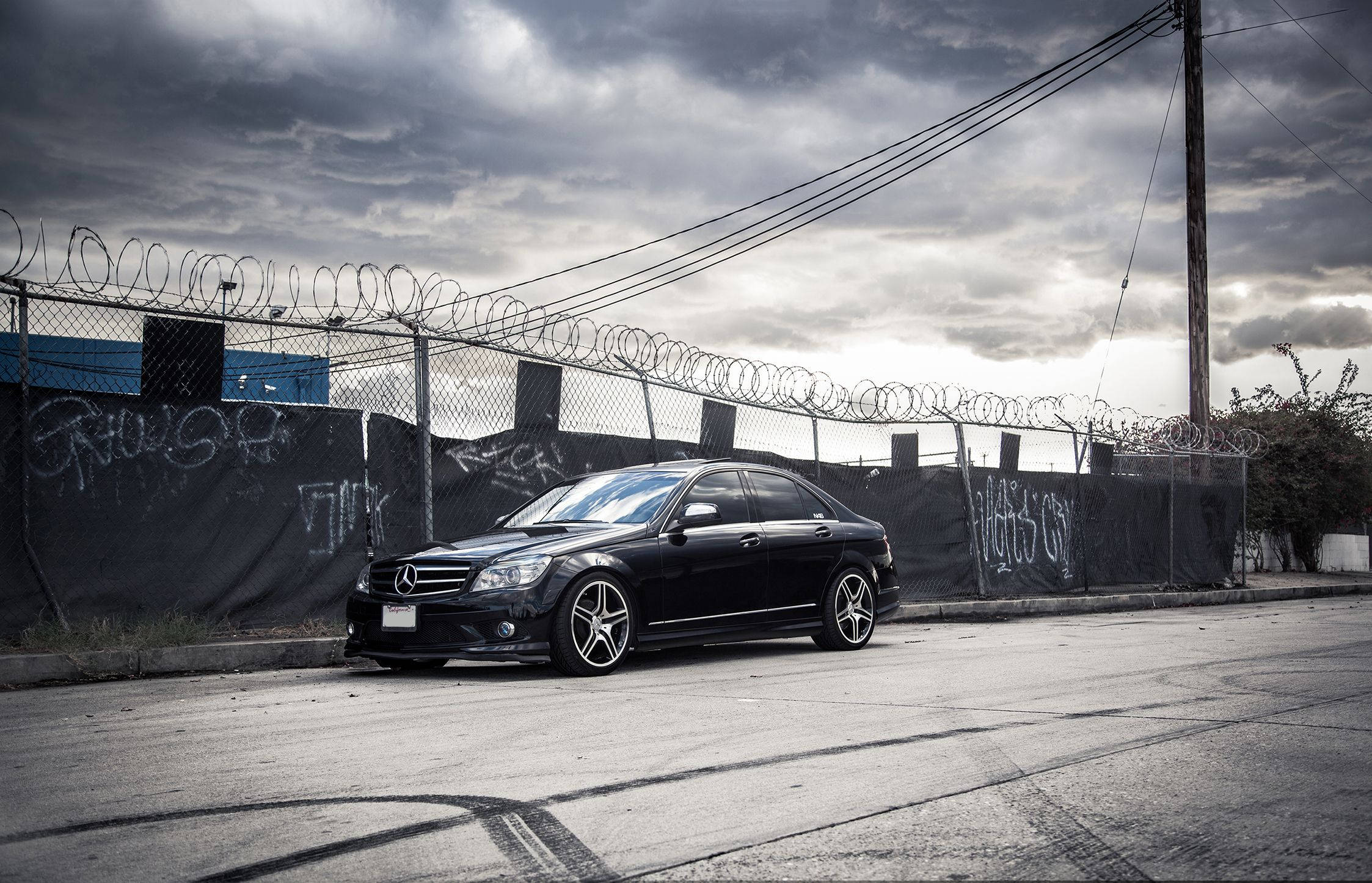 Mercedes-Benz C300, black, cracked asphalt street, Full HD Desktop Wallpaper