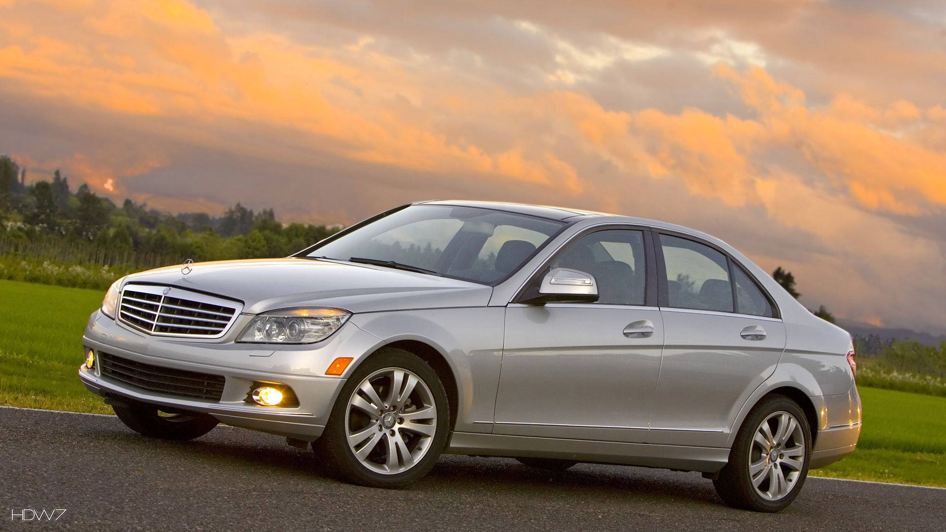 Mercedes Benz C300, silver, sunset, Full HD Desktop Wallpaper