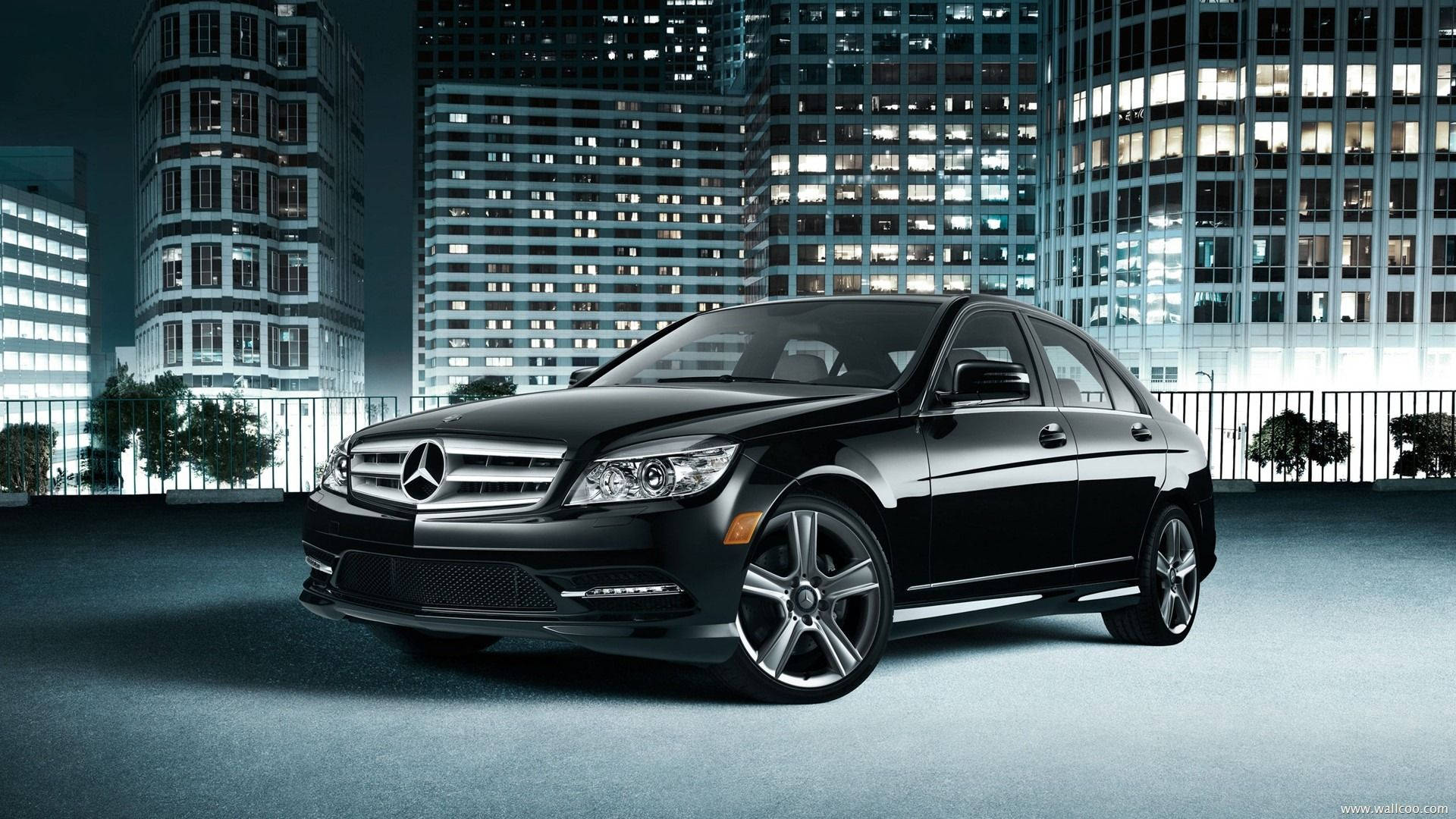 Mercedes Benz C300, black, city lights, Full HD Desktop Wallpaper