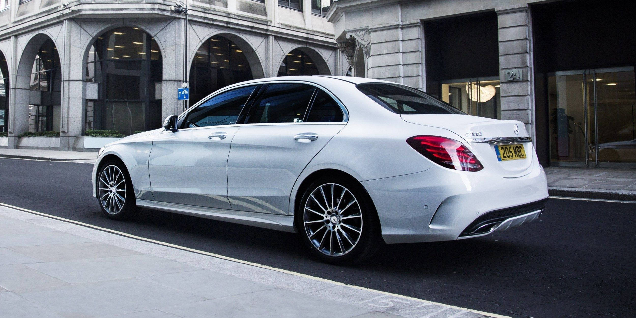 Mercedes Benz C300, silver, city street, Full HD Desktop Wallpaper