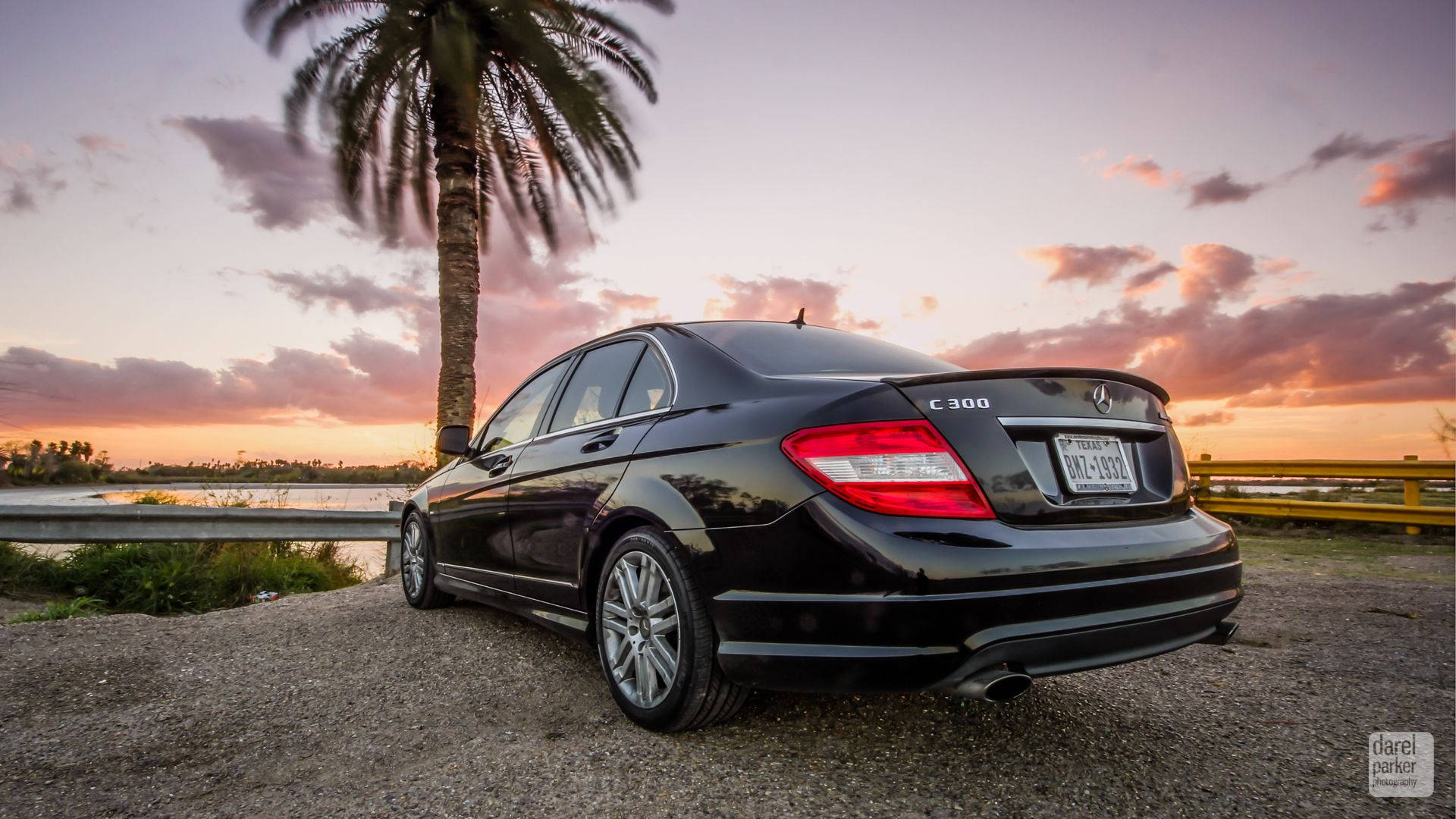 Mercedes Benz C300, sleek black, palm tree, Full HD Desktop Wallpaper