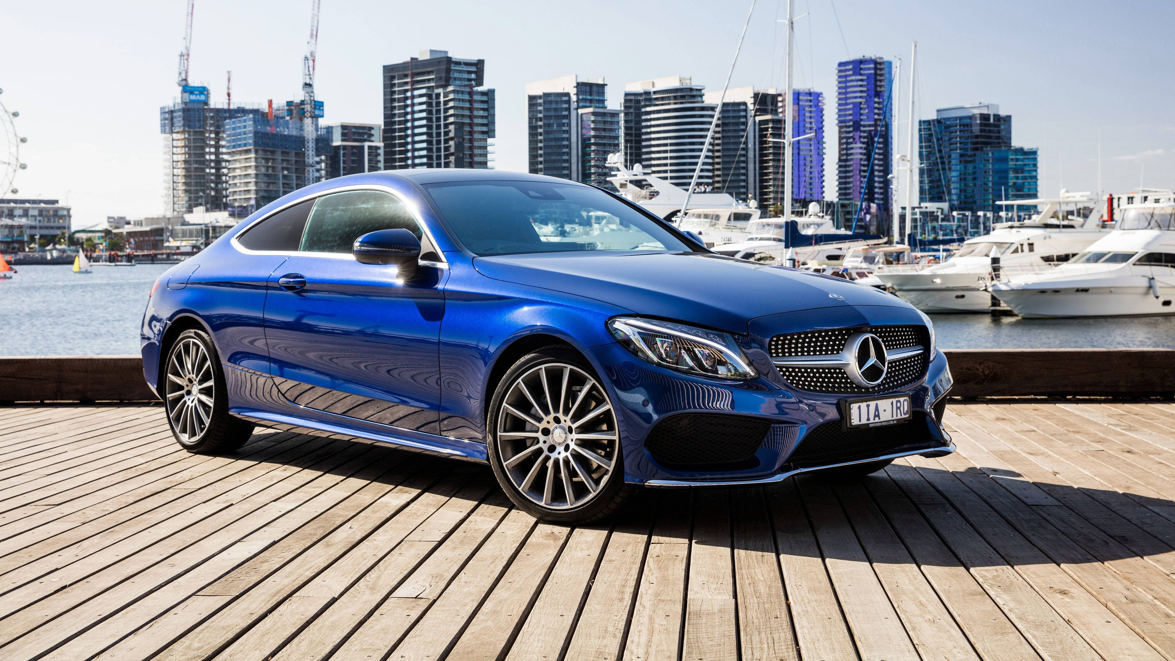 Mercedes-Benz C300, wooden dock, glossy blue, 4K Desktop Wallpaper