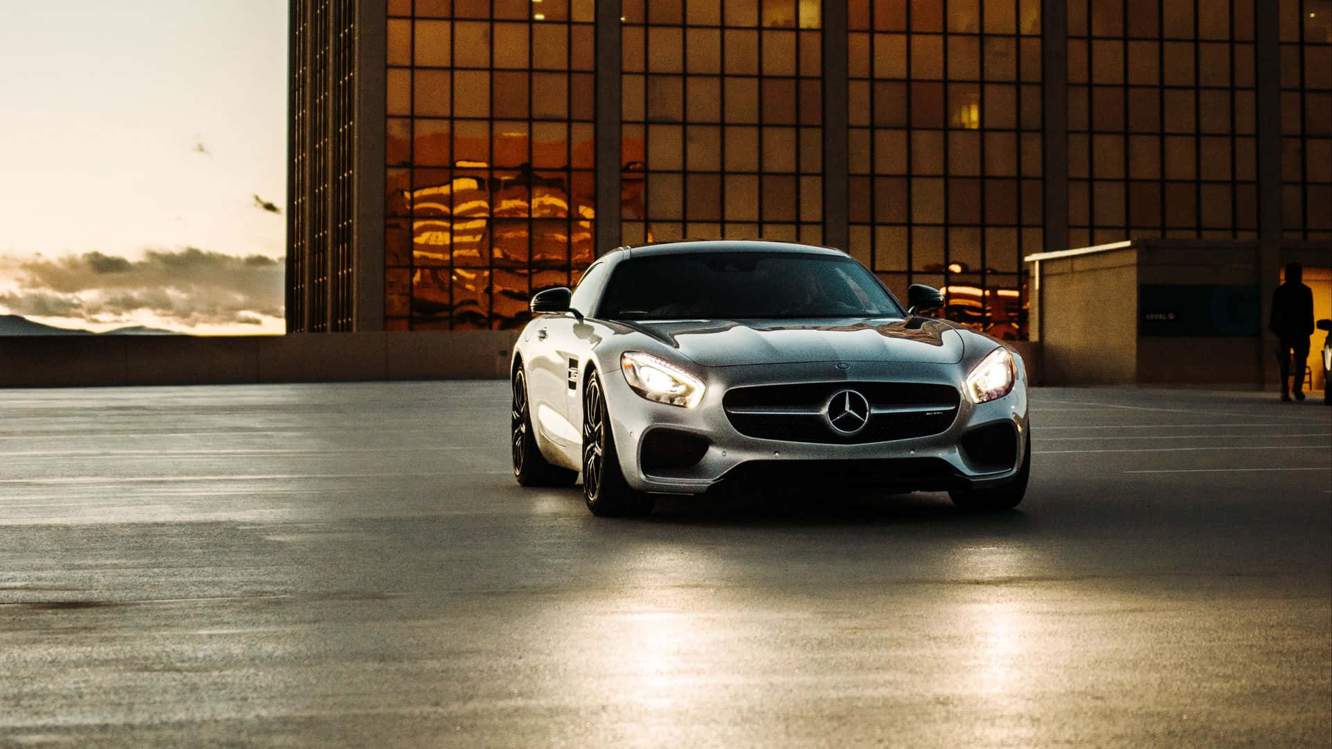 Mercedes Benz, silver, sunset, Full HD Desktop Wallpaper