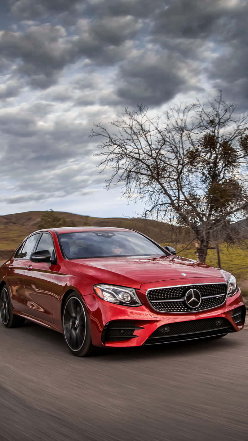 Mercedes Benz Clase E, glossy red, rural road, HD Phone Wallpaper