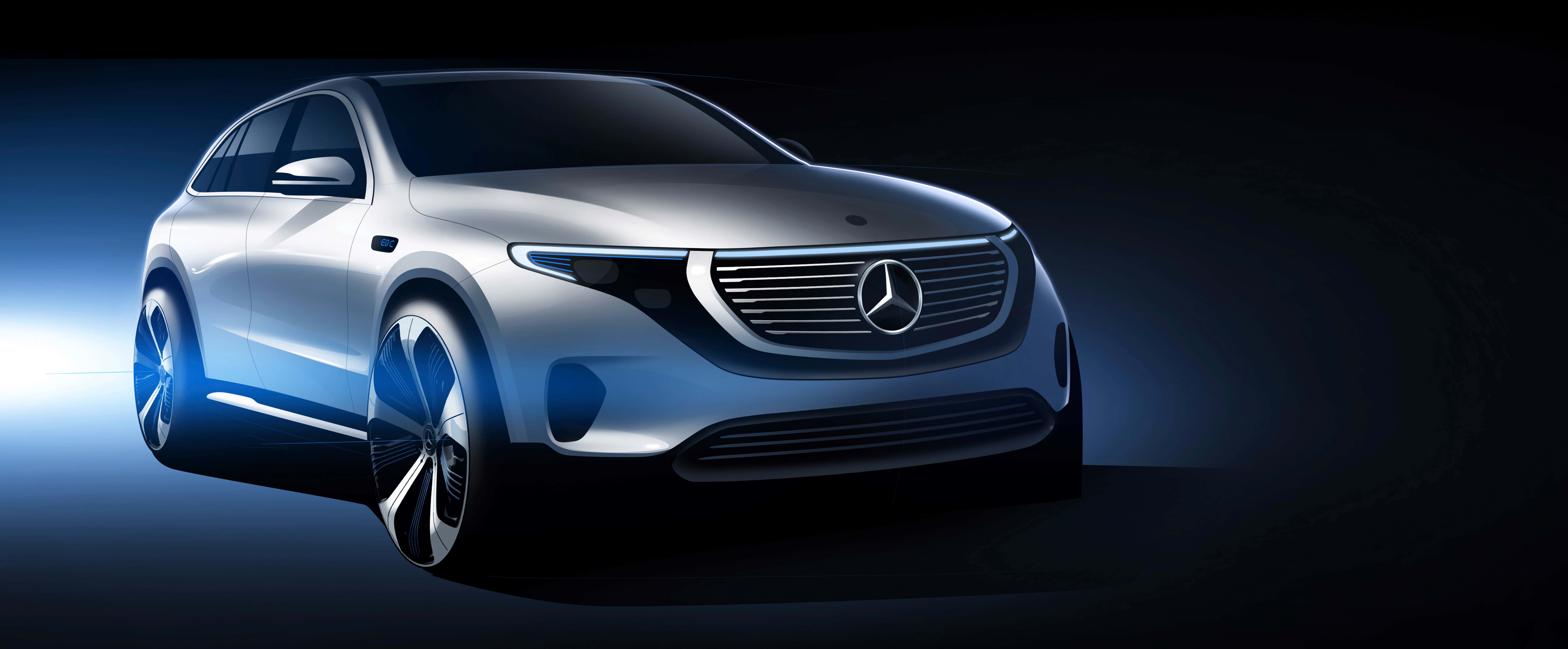 Mercedes Benz EQC, sleek silver, dramatic blue studio lighting, 8K Desktop Wallpaper