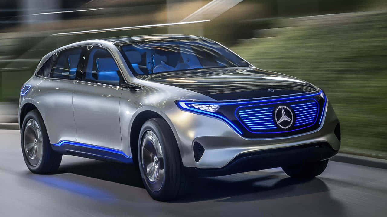 Mercedes Benz EQC, sleek silver, glowing blue accents, HD Desktop Wallpaper