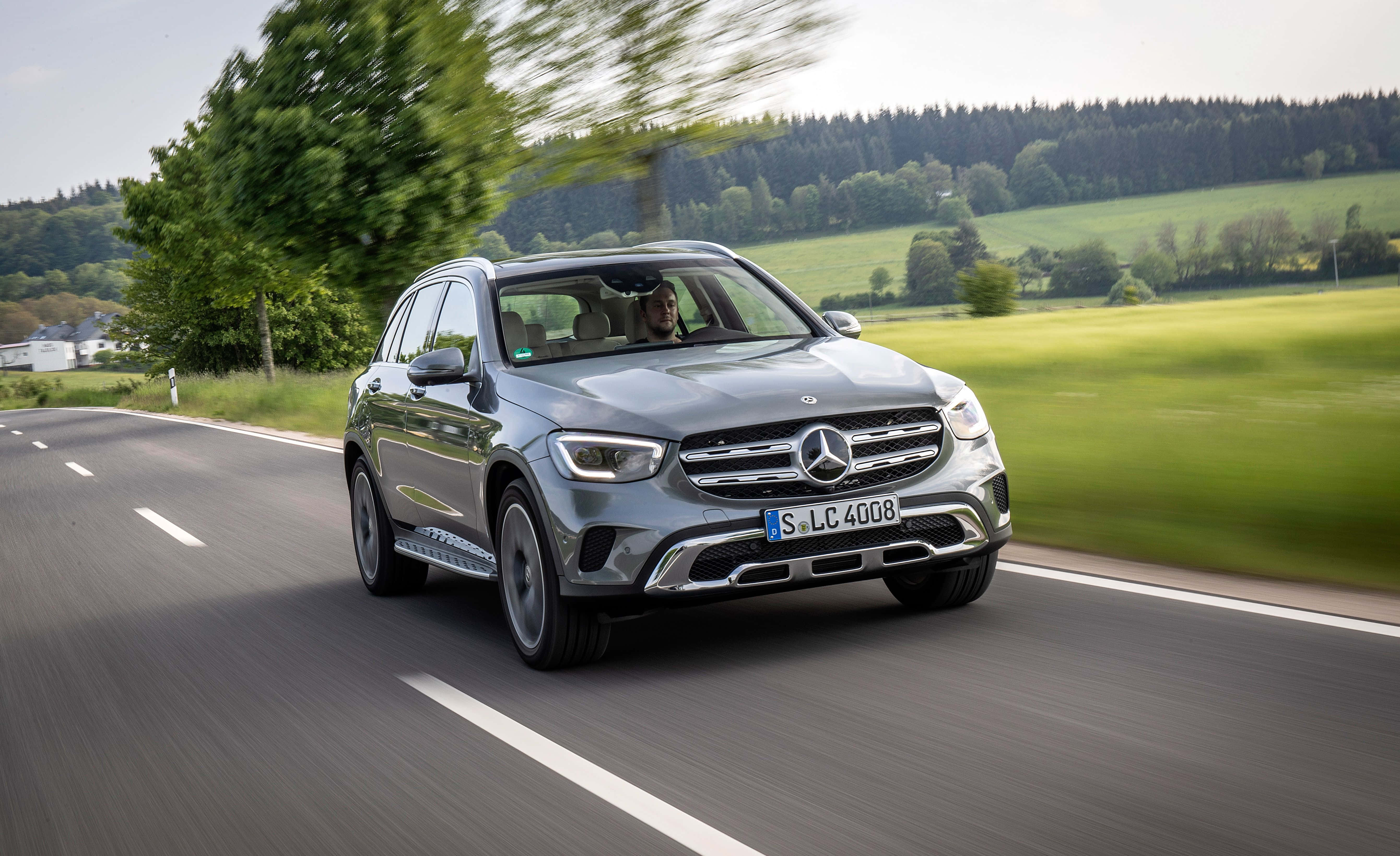 Mercedes Benz GLC, silver, winding rural road, 5K Desktop Wallpaper