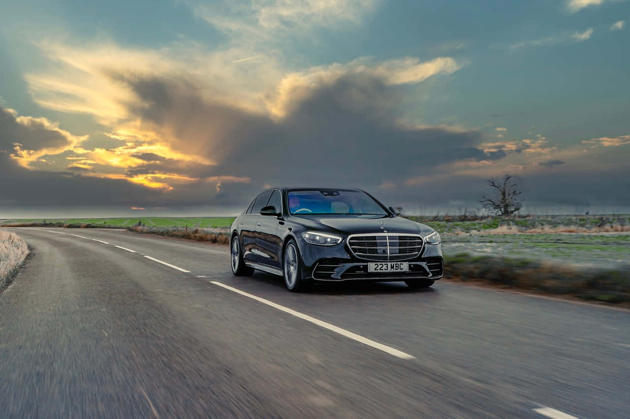 Mercedes Benz S-Class, sleek black, winding rural road, HD Desktop Wallpaper