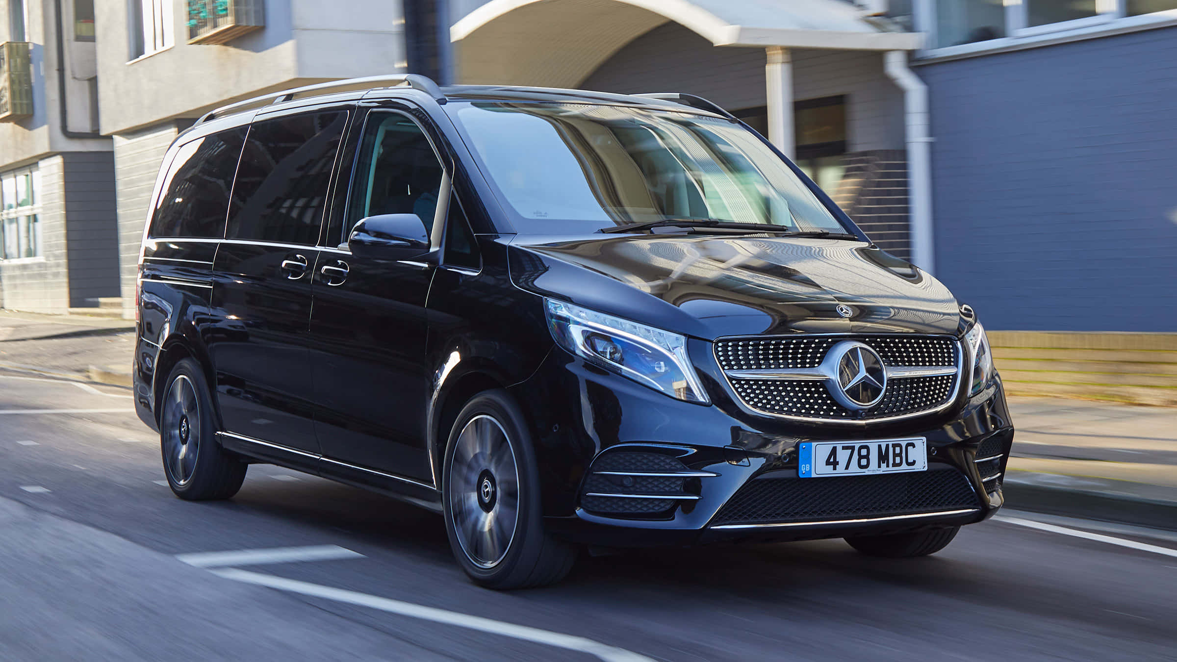 Mercedes-Benz V-Class, sleek black, sunlit urban street, Full HD Desktop Wallpaper