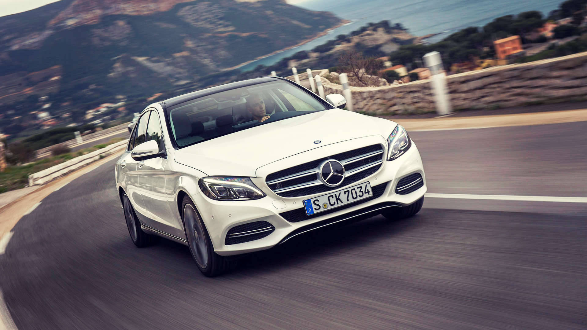 Mercedes, white Mercedes sedan, coastal mountain road, Full HD Desktop Wallpaper