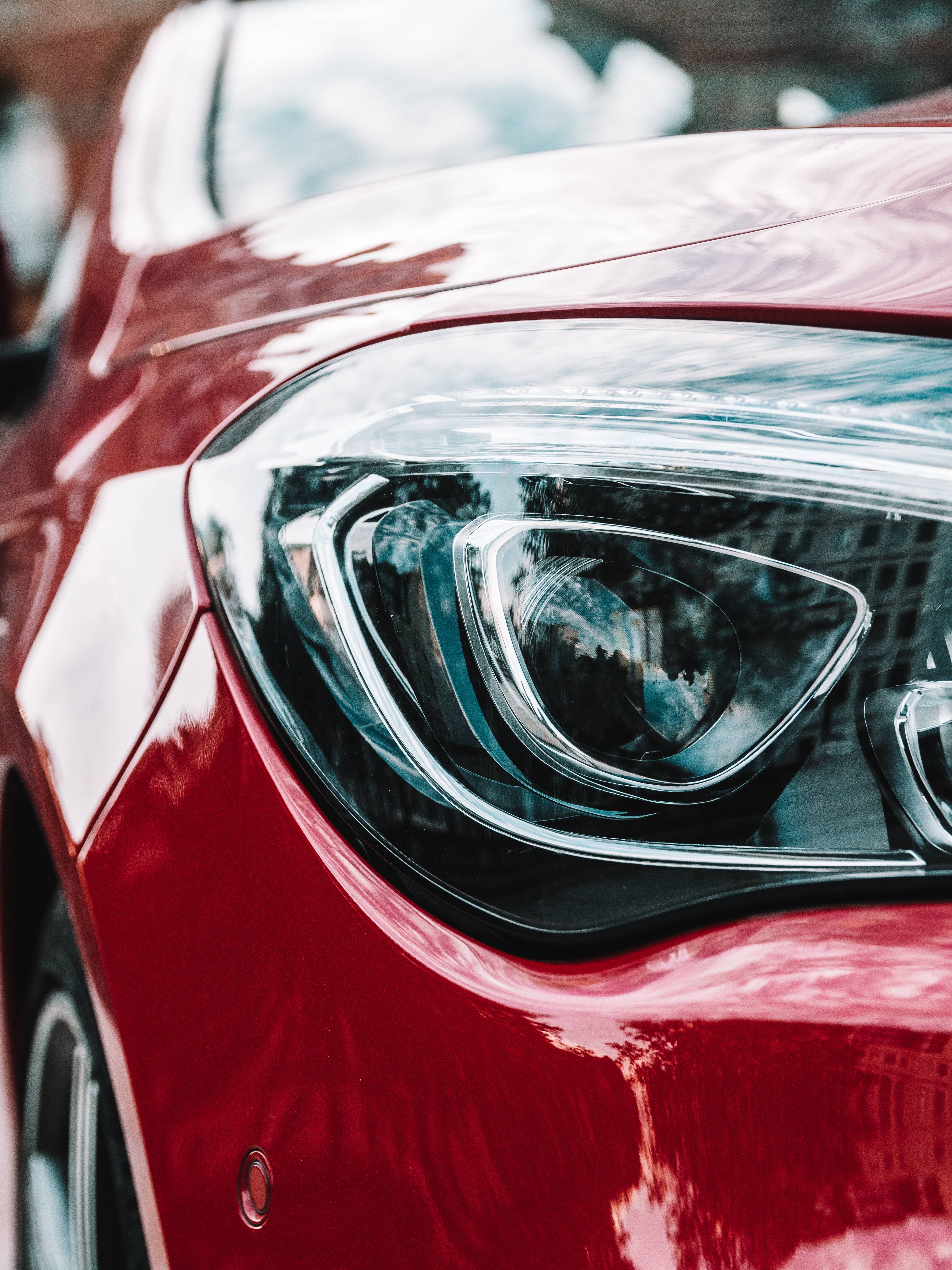 Red Mercedes, headlight, sleek red car, 5K Phone Wallpaper