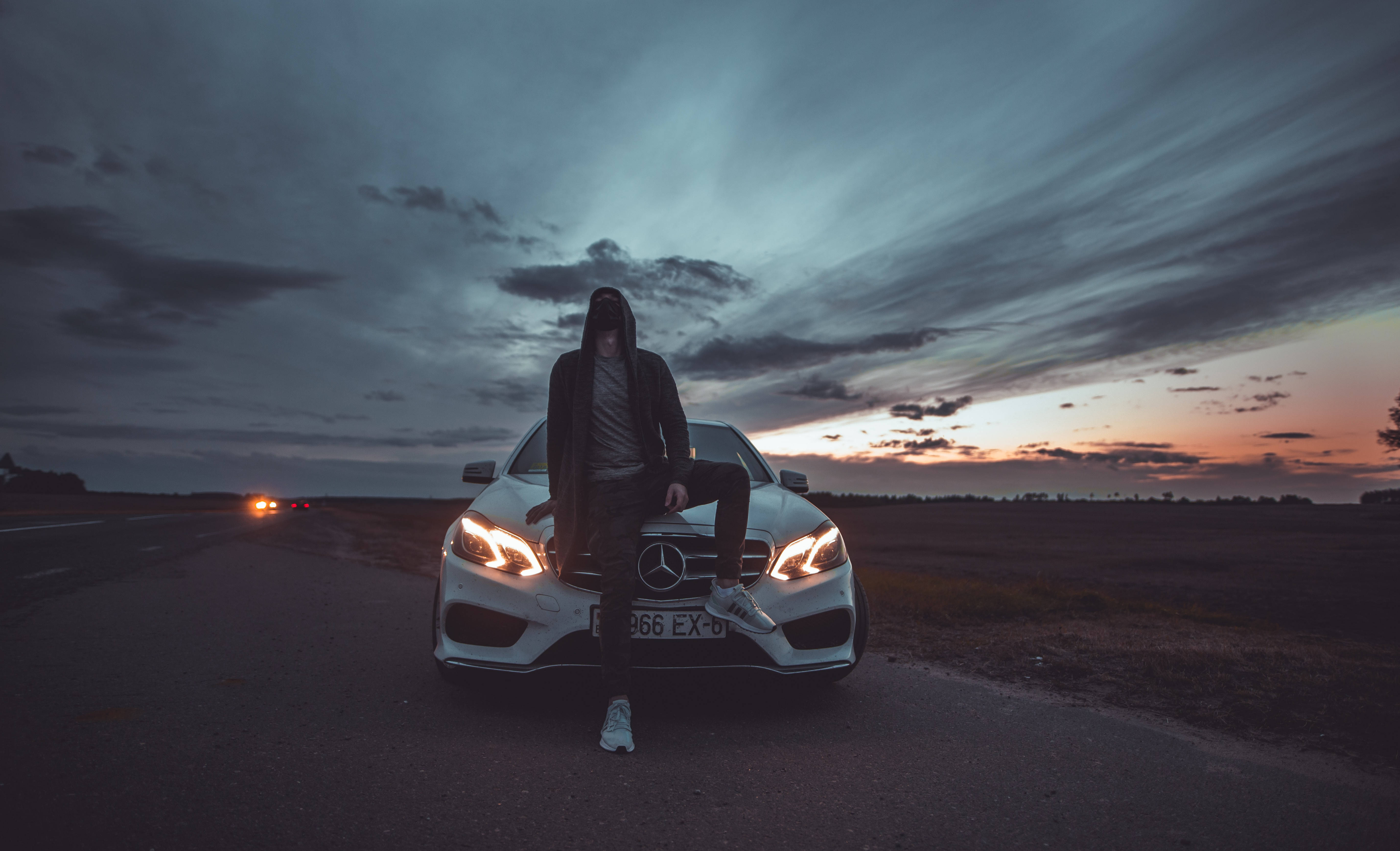 Mercedes, white Mercedes, hooded figure, 5K Desktop Wallpaper