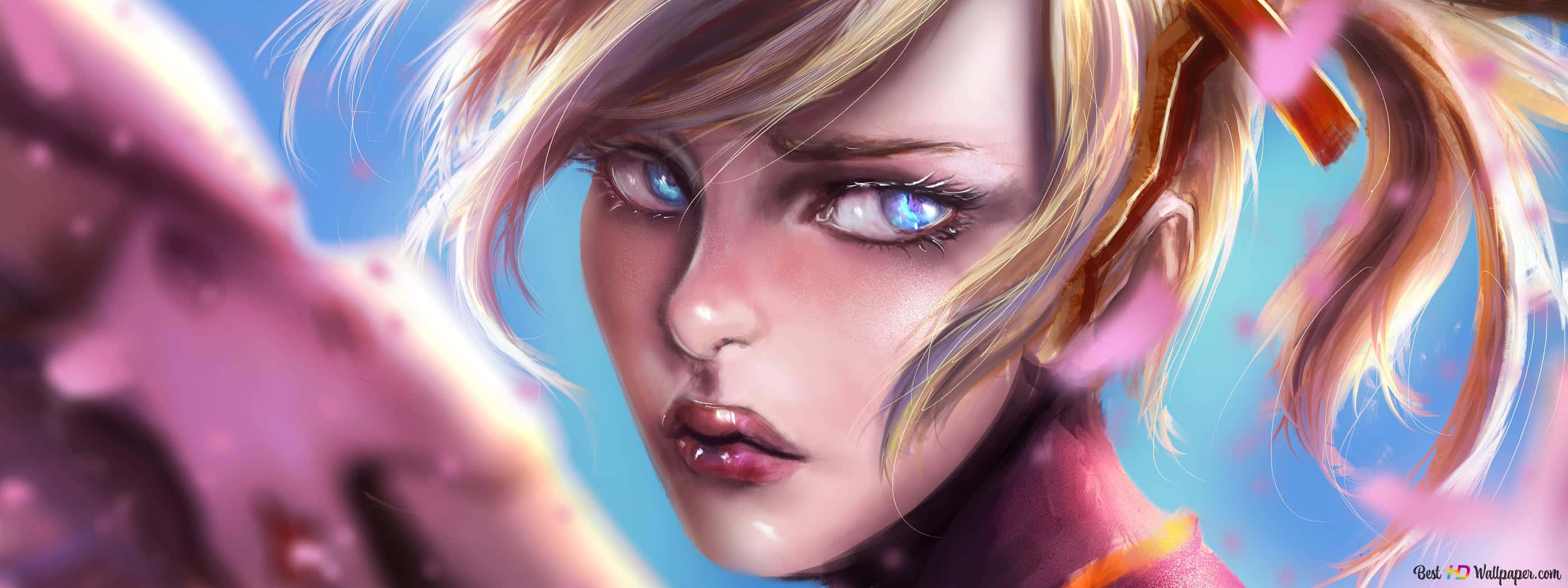 Mercy Overwatch, blonde anime girl, glowing blue eyes, 2K Desktop Wallpaper