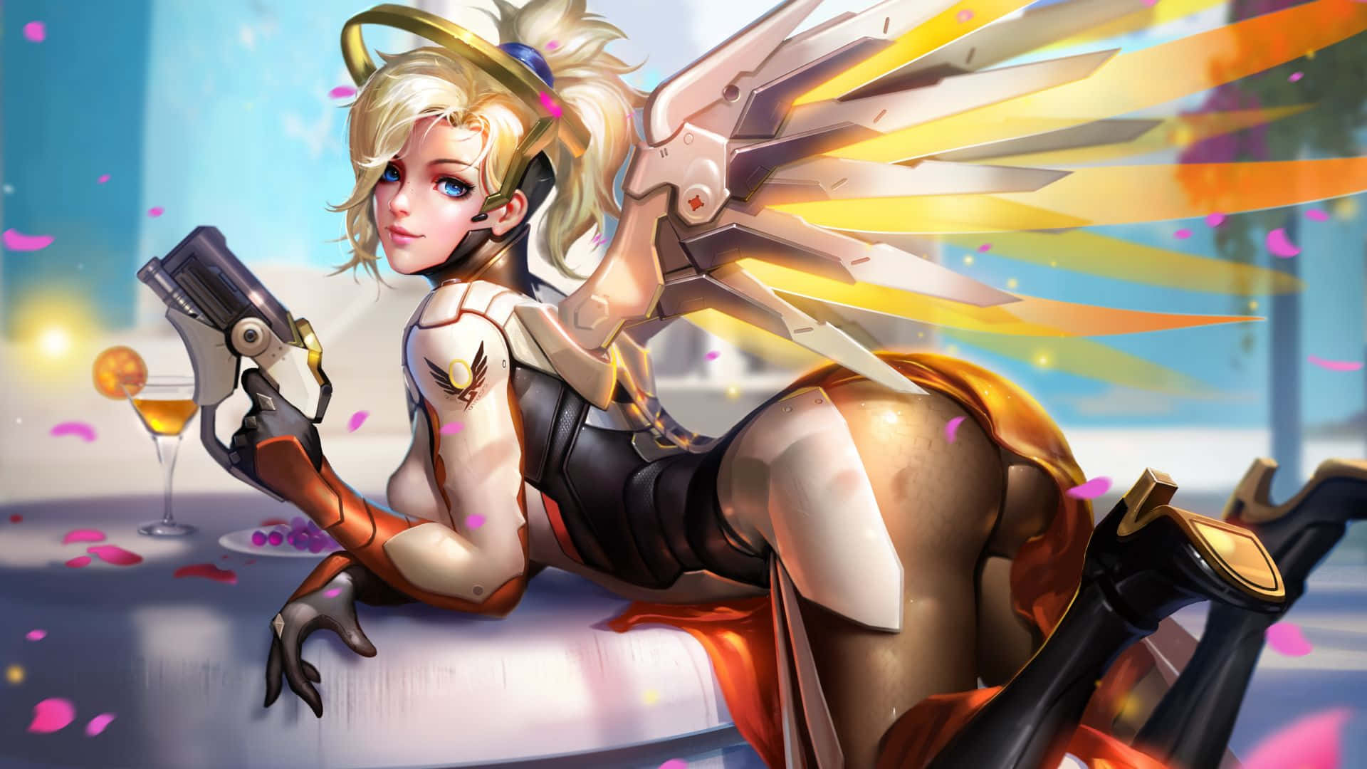 Mercy Overwatch, blonde angelic warrior, mechanical wings, Full HD Desktop Wallpaper