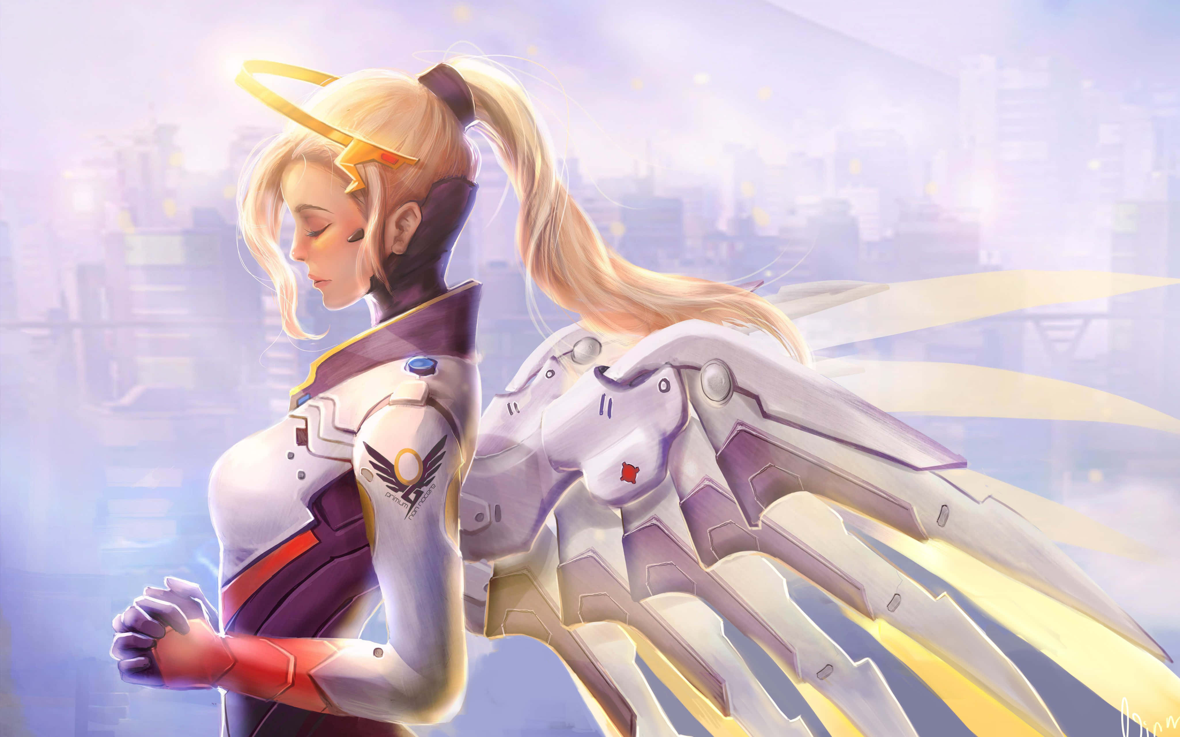 Mercy Overwatch, blonde anime angel, mechanical wings, 4K Desktop Wallpaper