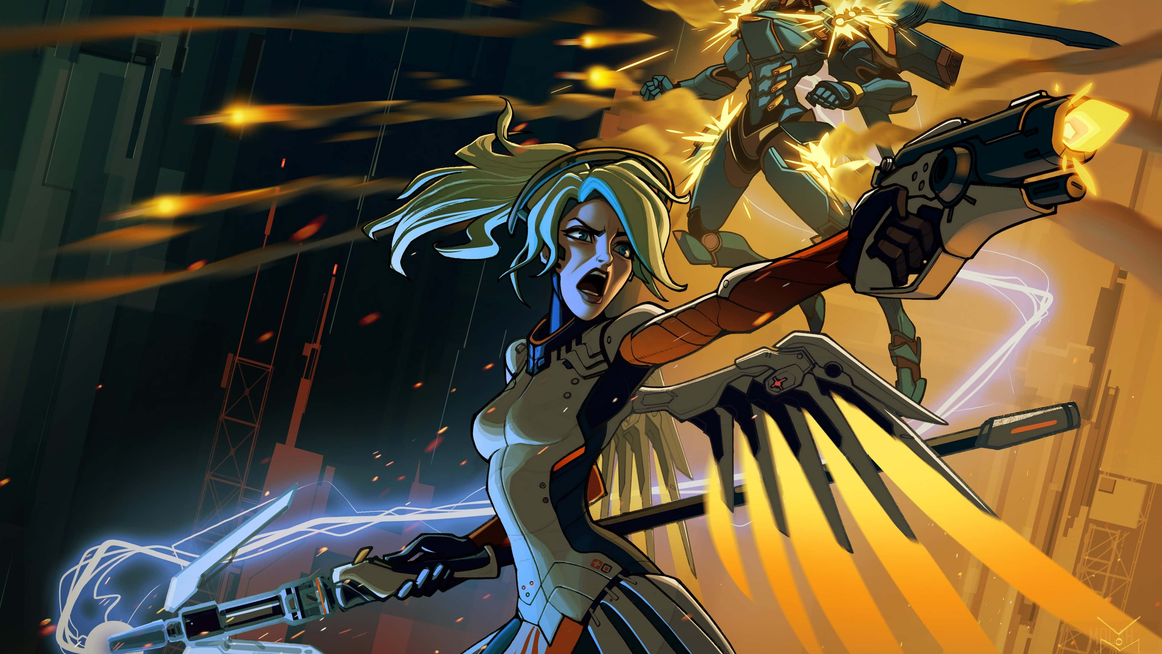Mercy, Overwatch, neon-lit urban night scene, 4K Desktop Wallpaper