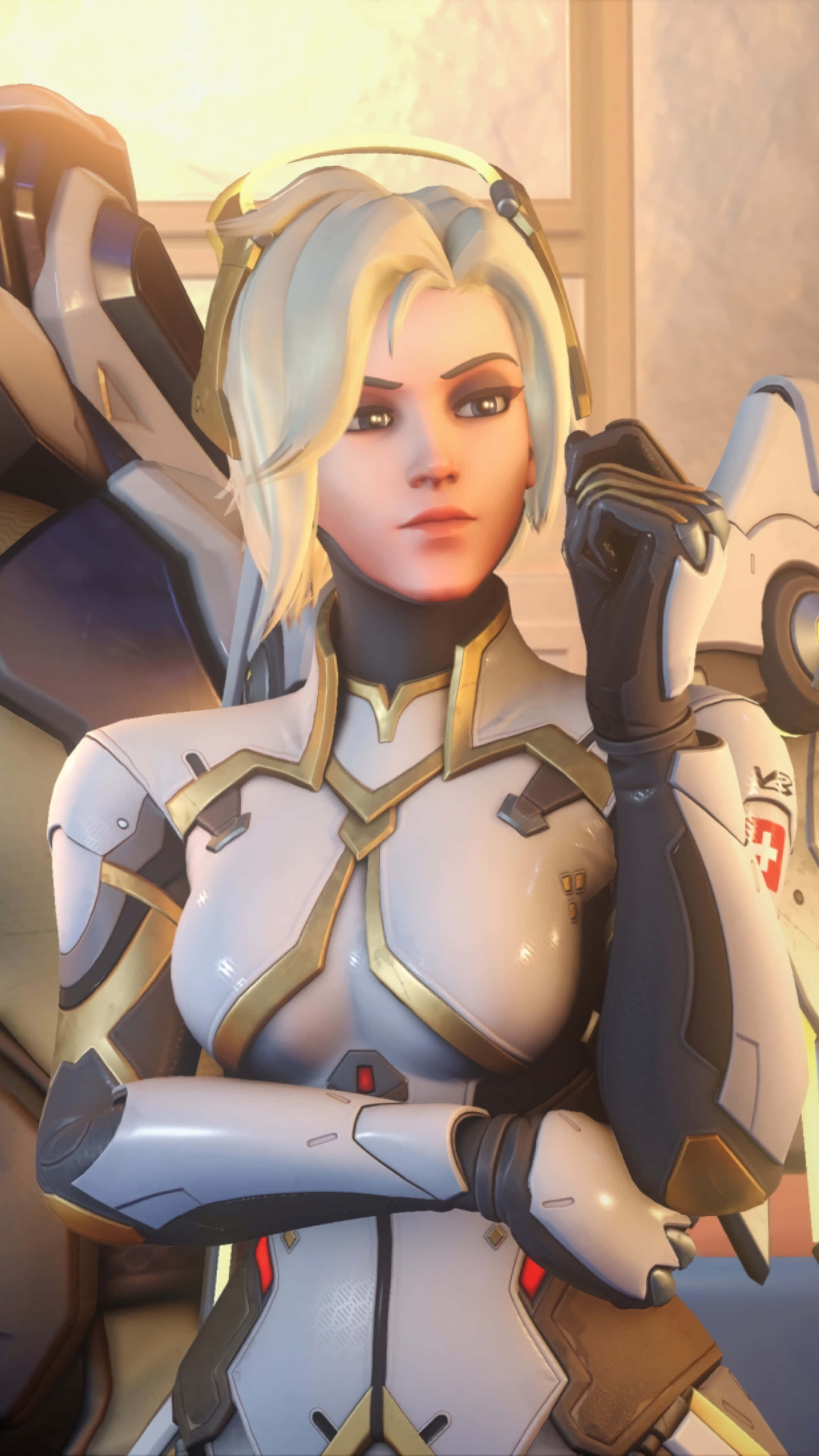 Mercy, Overwatch, white and gold futuristic armor, 4K Phone Wallpaper