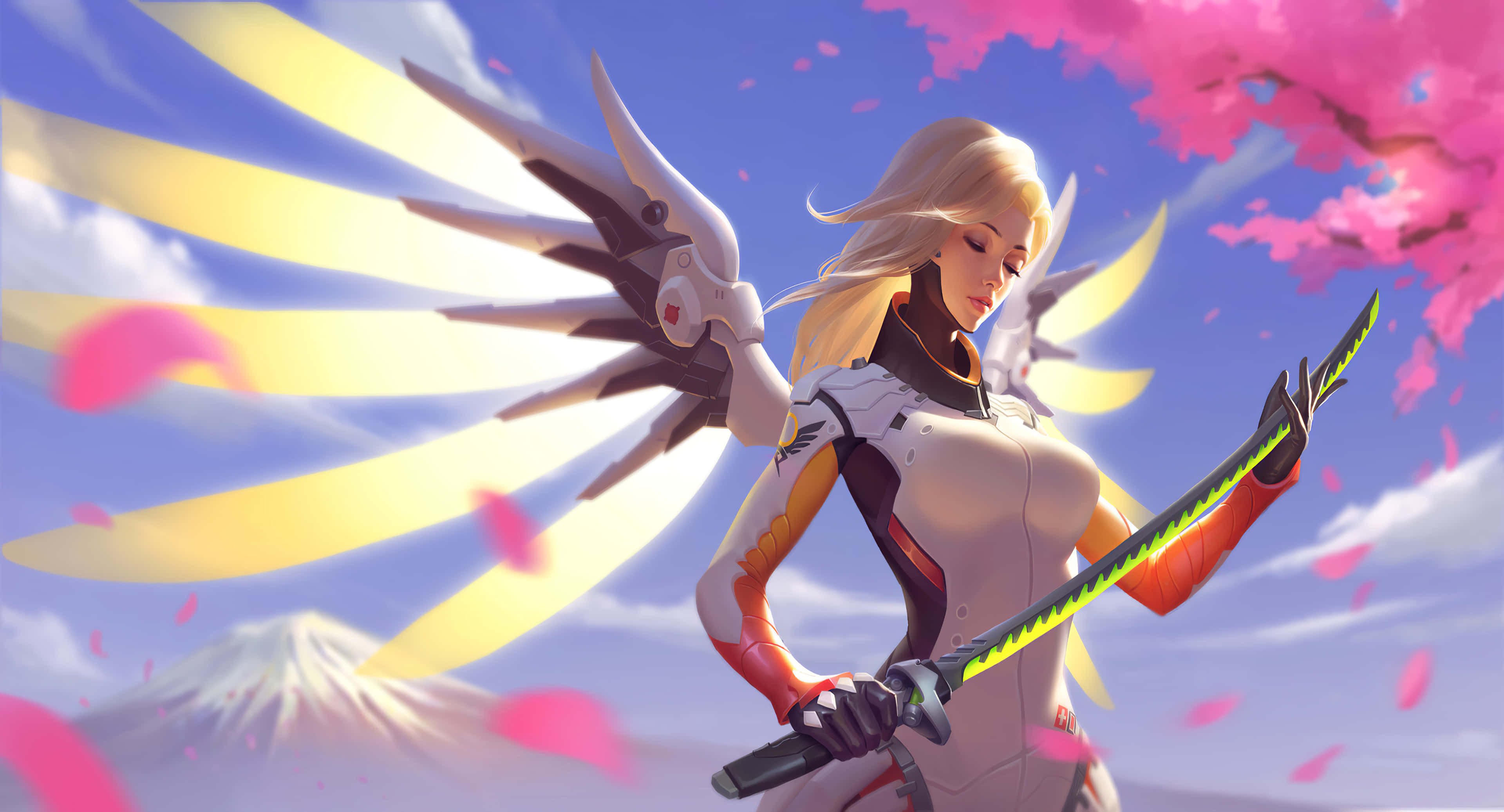 Mercy Overwatch, blonde anime warrior, mechanical wings, 4K Desktop Wallpaper