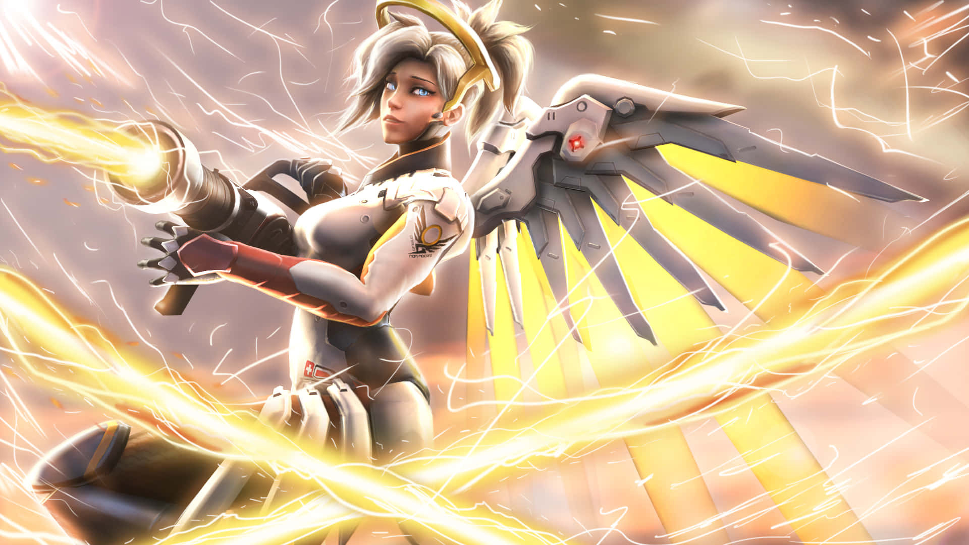 Mercy Overwatch, angelic warrior, mechanical wings, Full HD Desktop Wallpaper