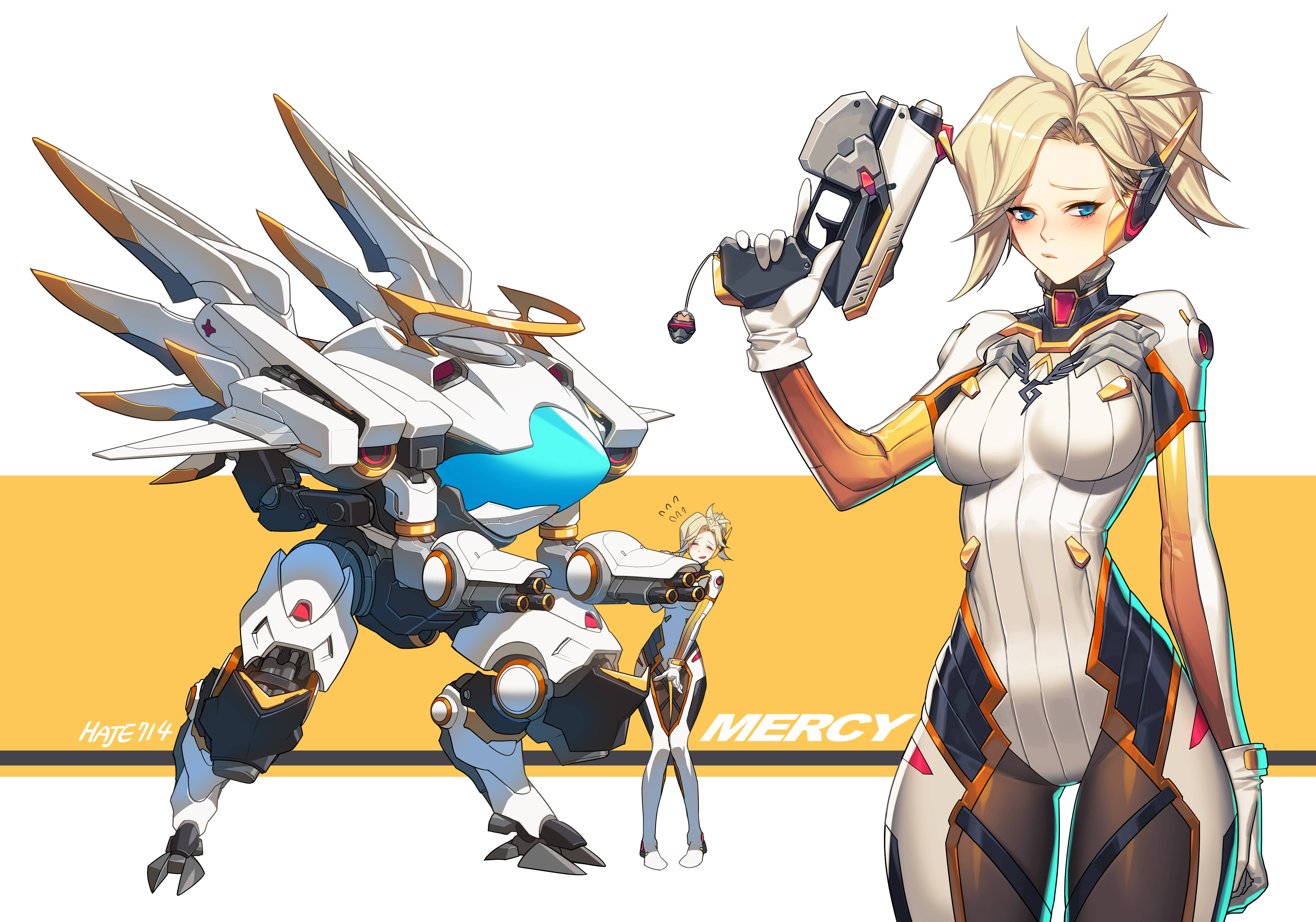 Overwatch Mercy, blonde anime medic, large white and gold mech with a blue chest, 5K Desktop Wallpaper