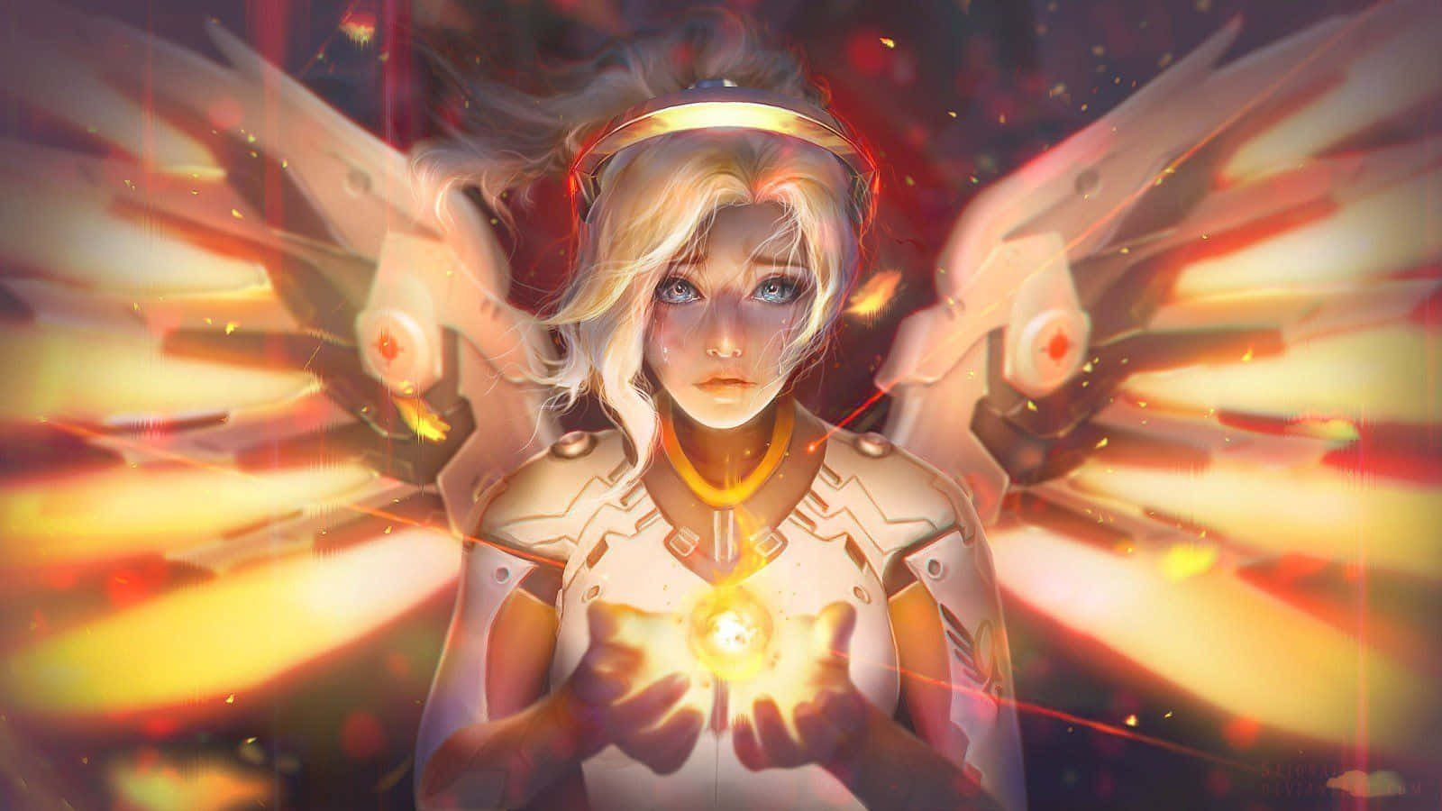 Mercy Overwatch, glowing wings, luminous orb, HD Desktop Wallpaper