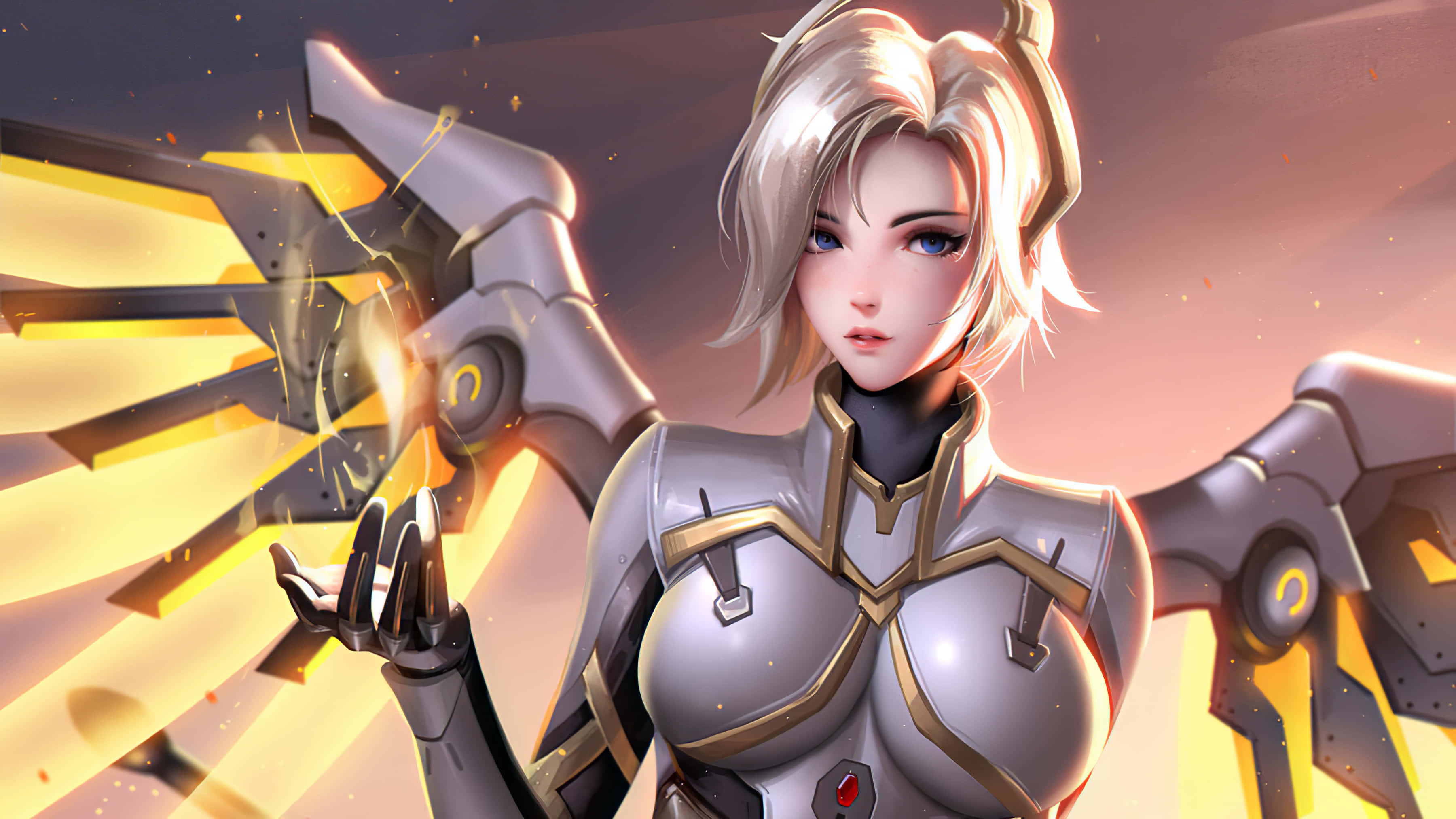 Mercy, Overwatch, silver and gold armor, 2K Desktop Wallpaper